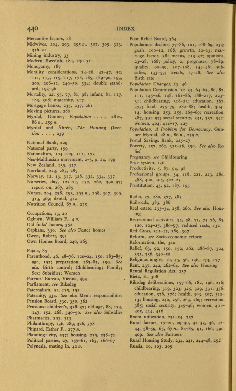 Mercantile factors, i8 Midwives, 204, 293, 295 307, 309, 313, 316-21 Mining industry, 33 Modern, Swedish, 184, 230-31 Monogamy, 187 Morality considerations, 24-26, 42-47, 52, hi, 113, 115, 117, 178, 185, 189-90, 193, 200, 206-11, 249-50, 334; double stand ard, 193-96 Mortality, 22, 55, 77, 81, 98; infant, 81, 117, 183, 308; maternity, 317 Mortgage banks, 235, 237, 261 Moving pictures, 280 Myrdal, Gunner, Population . . . , 28 »., 86 n„ 259 ». Myrdal and Âhrén, The Housing Ques tion . . . , 239 National Bank, 229 National party, 159 Nationalism, 104-105, 111, 173 Neo-Malthusian movement, 2-5, 9, 24, 199 New Zealand, 139, 317 Norrland, 223, 283, 285 Norway, 12, 13, 317, 328, 332, 334, 337 Nurseries, day, 122-24, I 3 2 > 262, 390-97; report on, 267, 285 Nurses, 204, 258, 293, 295 »., 298, 307, 309, 313, 369; dental, 312 Nutrition Council, 67 275 Occupations, 13, 20 Ogburn, William F., 4 n. Old folks' homes, 352 Orphans, 330. See also Foster homes Owen, Robert, 391 Own Homes Board, 240, 265 Pajala, 85 Parenthood, 46, 48-76, 120-24, 150, 183-85; age, 192; preparation, 183-85, 199. See also Birth control; Childbearing; Family; Sex; Subsidies; Women Parents' Bureau, Vienna, 393 Parliament, see Riksdag Paternalism, 91, 135, 152 Paternity, 334. See also Men's responsibilities Pension Board, 330, 350, 362 Pensions: children's, 328-37; old-age, 88, 134, 147, 152, 268, 340-50. See also Subsidies Pharmacies, 293, 313 Philanthropy, 136, 289, 326, 378 Phipard, Esther F., 277 n. Planning: city, 237; housing, 239, 258-71 Political parties, 27, 157-61, 163, 166-67 Polynesia, mating in, 42 «. Poor Relief Board, 364 Population: decline, 77-86, 101, 168-69, 233; goals, 100-12, 168; growth, 22-23; mar  riage factor, 38; means, 113-32* opinions, 23-28, 168; policy, 2; prognoses, 78-89; quality, 90-99, 107-108, 144-46; sub sidies, 133-53; trends, 17-28. See also Birth rate Population Changes, 23, 46 Population Commission, 32-33, 64-65, 80, 87, in, 145-46, 148, 161-86, 188-217, 223- 31; childbearing, 318-23; education, 367, 373; food, 275-79, 282-88; health, 304- 14; housing, 253, 255, 265-69; recreation, 387, 391-97; social security, 331, 337, 342; women, 404, 414-17, 425 Population, A Problem for Democracy, Gun ner Myrdal, 28 «., 86 «., 259 n. Postal Savings Bank, 225-27 Poverty, 157, 262, 325-26, 350. See also Re lief Pregnancy, see Childbearing Price system, 136. Productivity, 5, 87, 94, 98 Professional groups, 34, 118, 221, 223, 280, 388, 400, 405, 422-23 Prostitution, 43, 92, 187, 193 Radio, 27, 280, 377, 383 Railroads, 383, 386 Real estate, 233-34, 258, 260. See also Hous ing Recreational activities, 35, 58, 71, 75-76, 85, 120, 124-25, 380-97; reduced costs, 132 Red Cross, 311-12, 389, 397 Reform, see Socio-economic reform Reformation, the, 340 Relief, 63, 92, 150, 152, 262, 286-87, 324. 331» 336, 340-50 Religious angles, 10, 45, 56, 136, 173, 177 Rent, 237, 242, 262-64. See also Housing Rental Regulation Act, 237 Rietz, E., 308 Riksdag deliberations, 157-66, 182, 196, 216; childbearing, 319, 323, 325, 329, 331, 336; education, 376, 378; health, 303, 307, 312- 13; housing, 240, 256, 263, 269; recreation, 385; social security, 345-46; women, 401- 405, 414, 416 Room utilization, 251-54, 257 Rural factors, 17-20, 29-30, 32-33, 36, 42- 44» 58-59» 65, 67»., 84-85, 91, 166, 390, 409. See also Farmers Rural Housing Study, 234, 241, 244-48, 252 Russia, 10, 103, 205