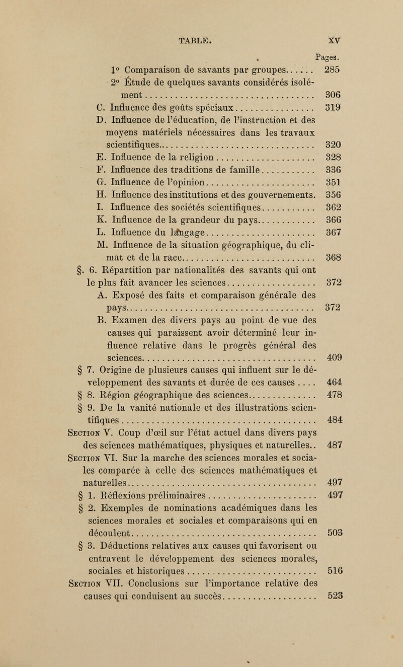 TABLE. XV Pages. 1° Comparaison de savants par groupes...... 285 2° Étude de quelques savants considérés isolé¬ ment  306 C. Influence des goûts spéciaux 319 D. Influence de l'éducation, de l'instruction et des moyens matériels nécessaires dans les travaux scientifiques 320 E. Influence de la religion 328 F. Influence des traditions de famille 336 G. Influence de l'opinion 351 H. Influence des institutions et des gouvernements. 356 I. Influence des sociétés scientifiques 362 K. Influence de la grandeur du pays 366 L. Influence du l^igage 367 M. Influence de la situation géographique, du cli¬ mat et de la race 368 §. 6. Répartition par nationalités des savants qui ont le plus fait avancer les sciences 372 A. Exposé des faits et comparaison générale des pays 372 B. Examen des divers pays au point de vue des causes qui paraissent avoir déterminé leur in¬ fluence relative dans le progrès général des sciences 409 § 7. Origine de plusieurs causes qui influent sur le dé¬ veloppement des savants et durée de ces causes .... 464 § 8. Région géographique des sciences 478 § 9. De la vanité nationale et des illustrations scien¬ tifiques  484 Section V. Coup d'œil sur l'état actuel dans divers pays des sciences mathématiques, physiques et naturelles.. 487 Section VI. Sur la marche des sciences morales et socia¬ les comparée à celle des sciences mathématiques et naturelles 497 § 1. Réflexions préliminaires 497 § 2. Exemples de nominations académiques dans les sciences morales et sociales et comparaisons qui en découlent 503 § 3. Déductions relatives aux causes qui favorisent ou entravent le développement des sciences morales, sociales et historiques 516 Section VII. Conclusions sur l'importance relative des causes qui conduisent au succès 523