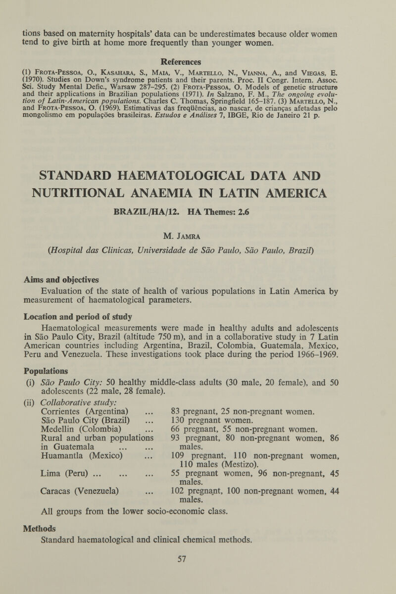 lions based on maternity hospitals' data can be underestimates because older women tend to give birth at home more frequently than younger women. References (1) Frota-Pessoa, O., Kasahara, S., Maia, V., Martello, N., Vianna, A., and VmoAS, E. (1970). Studies on Down's syndrome patients and their parents. Proc. II Congr. Intern. Assoc. Sci. Study Mental Defic., Warsaw 287-295. (2) Frota-Pessoa, O. Models of genetic structure and their applications in Brazilian populations (1971). In Salzano, F. M., The ongoing evolu¬ tion of Latin-American populations. Charles C. Thomas, Springfield 165-187. (3) Martello, N., and Frota-Pessoa, O. (1969). Estimativas das freqiiências, ao nascar, de crianças afetadas pelo mongolismo em populaçôes brasileiras. Estudos e Análises 1, IBGE, Rio de Janeiro 21 p. STANDARD HAEMATOLOGICAL DATA AND NUTRITIONAL ANAEMIA IN LATIN AMERICA BRAZIL/HA/12. HA Themes: 2.6 M. Jamra {Hospital das Clínicas, Universidade de Säo Paulo, Säo Paulo, Brazil) Aims and objectives Evaluation of the state of health of various populations in Latin America by measurement of haematological parameters. Location and period o£ study Haematological measurements were made in healthy adults and adolescents in Sao Paulo City, Brazil (altitude 750 m), and in a collaborative study in 7 Latin American countries including Argentina, Brazü, Colombia, Guatemala, Mexico, Peru and Venezuela. These investigations took place during the period 1966-1969. Populations (i) Säo Paulo City: 50 healthy middle-class adults (30 male, 20 female), and 50 adolescents (22 male, 28 female). (ii) Collaborative study: Corrientes (Argentina) ... 83 pregnant, 25 non-pregnant women. Sao Paulo City (Brazil) ... 130 pregnant women. Medellin (Colombia) ... 66 pregnant, 55 non-pregnant women. Rural and urban populations 93 pregnant, 80 non-pregnant women, 86 in Guatemala  males. Huamantla (Mexico) ... 109 pregnant, 110 non-pregnant women, 110 males (Mestizo). Lima (Peru) 55 pregnant women, 96 non-pregnant, 45 males. Caracas (Venezuela) ... 102 pregnant, 100 non-pregnant women, 44 males. All groups from the lower socio-economic class. Methods Standard haematological and clinical chemical methods. 57