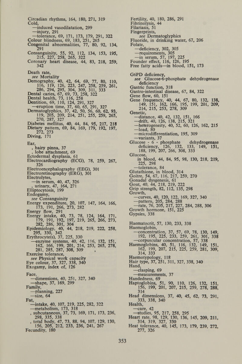 Circadian rhythms, 164, 180, 271, 319 Cold, —induced vasodilatation, 299 —injury, 291 —tolerance, 69, 171, 173, 179, 291, 322 Colour blindness, 69, 183, 251, 265 Congenital abnormalities, 77, 80, 92, 134, 291 Consanguinity, 55, 92, 112, 134, 153, 195, 215, 227, 258, 265, 322 Coronary heart disease, 44, 83, 218, 259, 342 Death rate, see Mortality Demography, 40, 42, 64, 69, 77, 80, 110, 116, 119, 126, 223, 247, 258, 259, 261, 286, 294, 295, 304, 309, 311, 333 Dental caries, 67, 69, 73, 258, 322 Dental health, 73, 116, 258 Dentition, 69, 110, 124, 291, 327 —eruption time, 37, 60, 65, 291, 327 Dermatoglyphics, 37, 42, 50, 56, 60, 62, 93, 119, 205, 209, 214, 251, 255, 259, 265, 270 287 327 Diabetes mellitus, 40, 44, 84, 95, 217, 218 Dietary pattern, 69, 84, 169, 179, 192, 197, 272, 273 Diving, 171 Ear, , hairy pinna, 37 , lobe attachment, 69 Ectodermal dysplasia, 61 Electrocardiography (ECG), 78, 259, 267, 326 Electroencephalography (EEG), 301 Electroretinography (ERG), 301 Electrolytes, —in serum, 40, 47, 326 , urinary, 47, 164, 271 Elliptocytosis, 199 Endogamy, see Consanguinity Energy expenditure, 20, 107, 147, 164, 166, 173, 191, 266, 273, 282 Energy flow, 291 Energy intake, 40, 73, 78, 124, 164, 171, 179, 191, 192, 197, 219, 265, 266, 273, 282, 286, 301, 304 Epidemiology, 40, 44, 218, 219, 222, 258, 295 330 342 Erythrc»cyte(s), 37, 225, 330 —enzyme systems, 40, 42, 116, 132, 151, 162, 166, 199, 201, 214, 253, 265, 278, 281, 285, 287, 308, 309 Exercise tolerance, see Physical work capacity Eye colour, 37, 327, 338, 340 Exogamy, index of, 126 Face, —dimensions, 40, 251, 327, 340 —shape, 37, 169, 299 Family, —planning, 227 —size, 64 Fat, —intake, 40, 107, 219, 225, 282, 322 —metabolism, 173, 318 , subcutaneous, 37, 73, 169, 171, 173, 236, 298 335 338 , total body, 47, 73, 88, 94, 107, 129, 130, 156, 205, 212, 233, 236, 241, 267 Fecundity, 180 Fertility, 40, 180, 286, 291 Fibrinolysis, 44 Filariasis, 51 Fingerprints, see Dermatoglyphics Fluoride, in drinking water, 67, 206 Folate, —deficiency, 302, 305 —requirements, 305 —in serum, 57, 197, 225 Founder effect, 116, 126, 195 Free fatty acids—in blood, 151, 173 G6PD deficiency, see Glucose-6-phosphate dehydrogenase deficiency Gastric function, 318 Gastro-intestinal disease, 67, 84, 322 Gene flow, 60, 151 Gene frequency, 40, 44, 67, 80, 132, 138, 149, 151, 162, 166, 195, 199, 201, 209, 214, 215, 253, 278, 309 Genetic, —distance, 40, 42, 132, 151, 166 —drift, 40, 126, 138, 215, 321 —heterogeneity, 40, 52, 60, 126, 162, 215 —load, 80 —microdifferentiation, 195, 309 —^variants, 37 Glucose - 6 - phosphate dehydrogenase deficiency, 126, 132, 133, 149, 151, 188, 199, 207, 266, 308, 333 Glucose, in blood, 44, 84, 95, 98, 130, 218, 219, 225, 298 —tolerance, 84 Glutathione, in blood, 314 Goitre, 54, 67, 116, 217, 259, 270 Gonadal dysgenesis, 61 Gout, 40, 44, 218, 219, 222 Grip strength, 82, 112, 135, 298 Growth, —curves, 40, 120, 122, 169, 327, 340 —pattern, 205, 284, 288 —rate, 76, 205, 217, 227, 284, 288, 306 Growth hormone, 151, 225 Gypsies, 338 Haematocrit, 57, 130, 233, 338 Haemoglobin, —concentration, 37, 57, 69, 78, 130, 149, 192, 195, 225, 233, 259, 261, 301, 338 —corpuscular concentration, 57, 338 Haemoglobins, 40, 51, 116, 132, 149, 151, 162, 199, 207, 215, 225, 259, 281, 309, 314, 333 Haemotypology, 118 Hair type, 37, 251, 311, 327, 338, 340 Hand, —clasping, 69 —measurements, 37 Handedness, 69 Haptoglobins, 51, 90, 110, 126, 132, 151, 156, 199, 201, 207, 215, 259, 278, 288, 314 Head dimensions, 37, 40, 45, 62, 73, 291, 333, 338, 340 Health, —care, 42 —studies, 95, 217, 258, 295 Heart rate. 98, 129, 130, 136, 145, 209, 211, 314, 319, 327, 330 Heat toierance, 40, 145, 173, 179, 239, 272, 277, 326 353