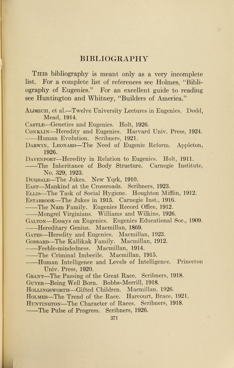 BIBLIOGRAPHY This bibliography is meant only as a very incomplete list. For a complete list of references see Holmes, Bibli ography of Eugenics. For an excellent guide to reading see Huntington and Whitney, Builders of America. A ldrich , et al.—Twelve University Lectures in Eugenics. Dodd, Mead, 1914. C astle —Genetics and Eugenics. Holt, 1926. C onklin —Heredity and Eugenics. Harvard Univ. Press, 1924. Human Evolution. Scribners, 1921. D arwin, L eonard —The Need of Eugenic Reform. Appleton, 1926. D avenport —Heredity in Relation to Eugenics. Holt, 1911. The Inheritance of Body Structure. Carnegie Institute, No. 329, 1923. D ugdale —The Jukes. New York, 1910. E ast —Mankind at the Crossroads. Scribners, 1923. E llis —The Task of Social Hygiene. Houghton Mifflin, 1912. E stabrook —The Jukes in 1915. Carnegie Inst., 1916. The Nam Family. Eugenics Record Office, 1912. Mongrel Virginians. Williams and Wilkins, 1926. G alton —Essays on Eugenics. Eugenics Educational Soc., 1909. Hereditary Genius. Macmillan, 1869. G ates —Heredity and Eugenics. Macmillan, 1923. G oddard —The Kallikak Family. Macmillan, 1912. Feeble-mindedness. Macmillan, 1914. The Criminal Imbecile. Macmillan, 1915. Human Intelligence and Levels of Intelligence. Princeton Univ. Press, 1920. G rant —The Passing of the Great Race. Scribners, 1918. G uyer —Being Well Born. Bobbs-Merrill, 1918. H ollingsworth —Gifted Children. Macmillan, 1926. H olmes —The Trend of the Race. Harcourt, Brace, 1921. H untington —The Character of Races. Scribners, 1918. The Pulse of Progress. Scribners, 1926. 371