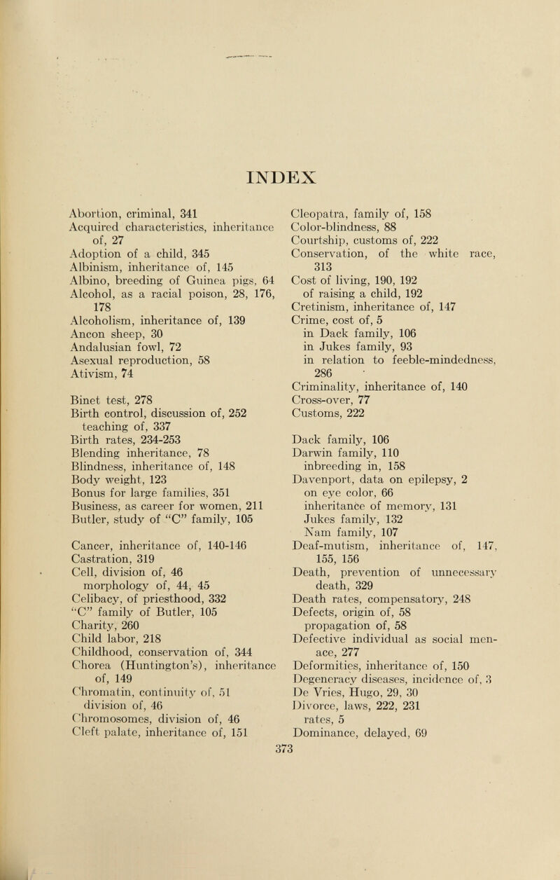 INDEX Abortion, criminal, 341 Acquired characteristics, inheritance of, 27 Adoption of a child, 345 Albinism, inheritance of, 145 Albino, breeding of Guinea pigs, 64 Alcohol, as a racial poison, 28, 176, 178 Alcoholism, inheritance of, 139 Ancon sheep, 30 Andalusian fowl, 72 Asexual reproduction, 58 Ativism, 74 Binet test, 278 Birth control, discussion of, 252 teaching of, 337 Birth rates, 234-253 Blending inheritance, 78 Blindness, inheritance of, 148 Body weight, 123 Bonus for large families, 351 Business, as career for women, 211 Butler, study of C family, 105 Cancer, inheritance of, 140-146 Castration, 319 Cell, division of, 46 morphology of, 44, 45 Celibacy, of priesthood, 332 C family of Butler, 105 Charits^, 260 Child labor, 218 Childhood, conservation of, 344 Chorea (Huntington's), inheritance of, 149 Chromatin, continuity of, 51 division of, 46 Chromosomes, division of, 46 Cleft palate, inheritance of, 151 Cleopatra, family of, 158 Color-blindness, 88 Courtship, customs of, 222 Conservation, of the white race, 313 Cost of living, 190, 192 of raising a child, 192 Cretinism, inheritance of, 147 Crime, cost of, 5 in Dack family, 106 in Jukes family, 93 in relation to feeble-mindedness, 286 Criminality, inheritance of, 140 Cross-over, 77 Customs, 222 Dack family, 106 Darwin family, 110 inbreeding in, 158 Davenport, data on epilepsy, 2 on eye color, 66 inheritance of memory, 131 Jukes family, 132 Nam family, 107 Deaf-mutism, inheritance of, 147, 155, 156 Death, prevention of unnecessary death, 329 Death rates, compensatory, 248 Defects, origin of, 58 propagation of, 58 Defective individual as social men ace, 277 Deformities, inheritance of, 150 Degeneracy diseases, incidence of. 3 De Vries, Hugo, 29, 30 Divorce, laws, 222, 231 rates, 5 Dominance, delayed, 69