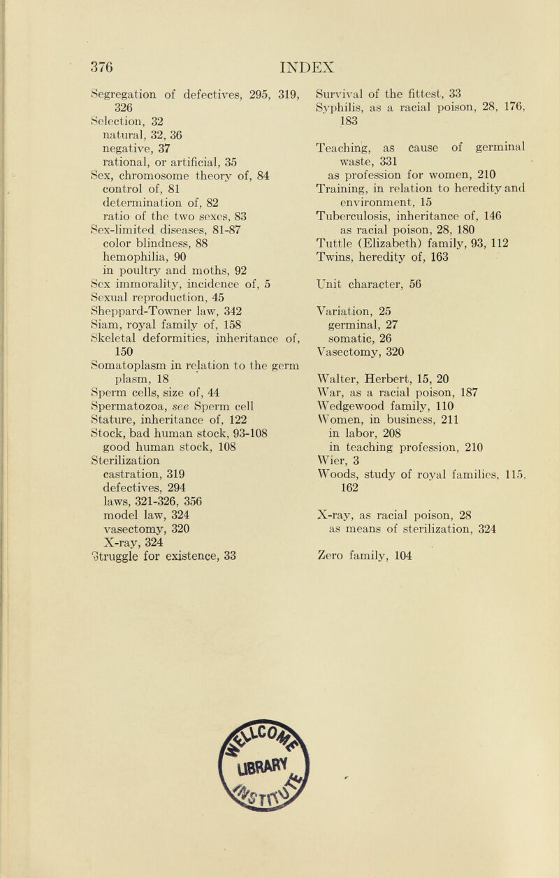 Segregation of defectives, 295, 319, 326 Selection, 32 natural, 32, 36 negative, 37 rational, or artificial, 35 Sex, chromosome theory of, 84 control of, 81 determination of, 82 ratio of the two sexes, 83 Sex-limited diseases, 81-87 color blindness, 88 hemophilia, 90 in poultry and moths, 92 Sex immorality, incidence of, 5 Sexual reproduction, 45 Sheppard-Towner law, 342 Siam, royal family of, 158 Skeletal deformities, inheritance of, 150 Somatoplasm in relation to the germ plasm, 18 Sperm cells, size of, 44 Spermatozoa, see Sperm cell Stature, inheritance of, 122 Stock, bad human stock, 93-108 good human stock, 108 Sterilization castration, 319 defectives, 294 laws, 321-326, 356 model law, 324 vasectomy, 320 X-ray, 324 otruggle for existence, 33 Survival of the fittest, 33 Syphilis, as a racial poison, 28, 176, 183 Teaching, as cause of germinal waste, 331 as profession for women, 210 Training, in relation to heredity and environment, 15 Tuberculosis, inheritance of, 146 as racial poison, 28, 180 Tuttle (Elizabeth) family, 93, 112 Twins, heredity of, 163 Unit character, 56 Variation, 25 germinal, 27 somatic, 26 Vasectomy, 320 Walter, Herbert, 15, 20 War, as a racial poison, 187 Wedgewood family, 110 Women, in business, 211 in labor, 208 in teaching profession, 210 Wier, 3 Woods, study of royal families, 115, 162 X-ray, as racial poison, 28 as means of sterilization, 324 Zero family, 104