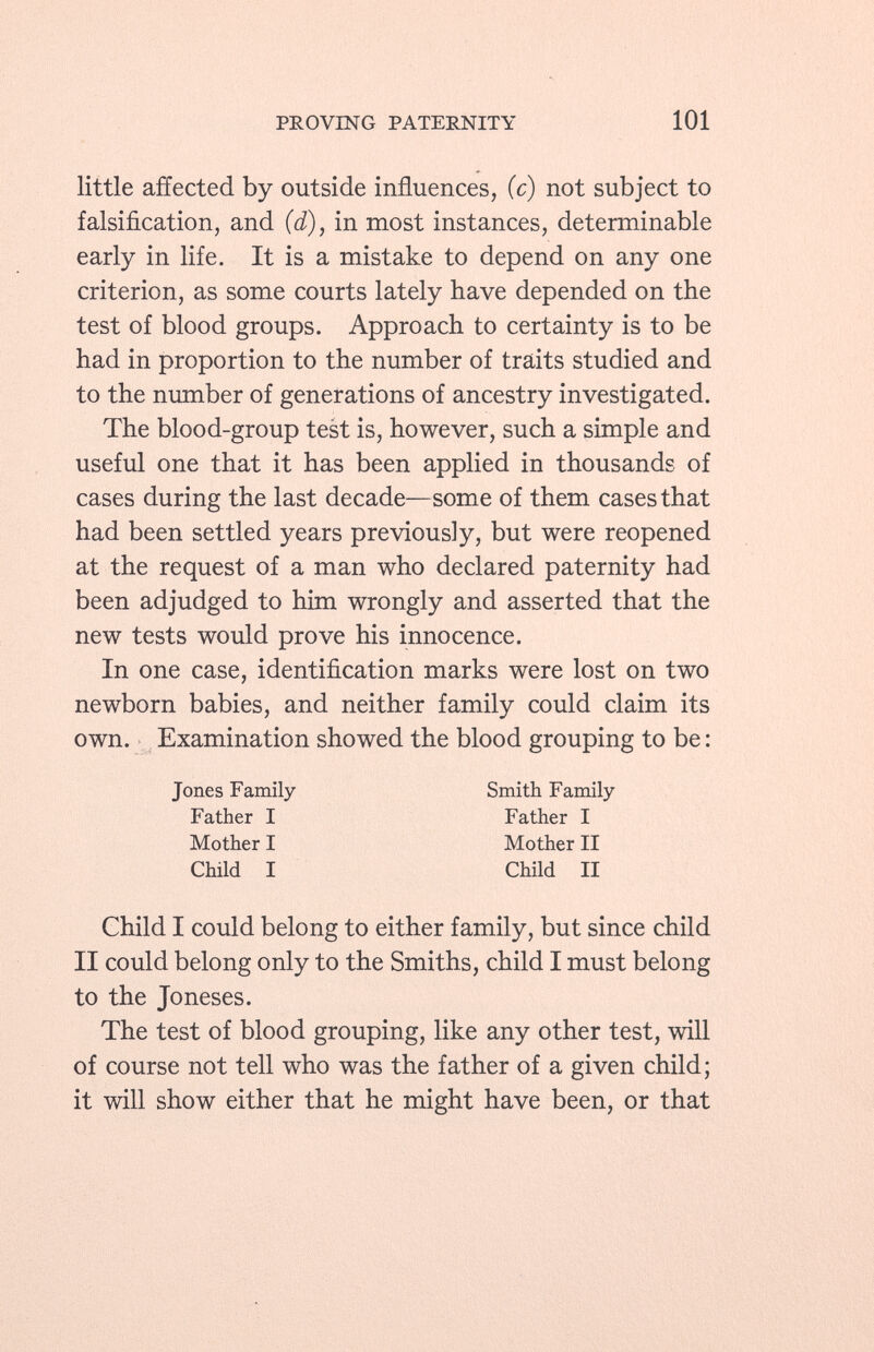 little affected by outside influences, (c) not subject to falsification, and (d), in most instances, determinable early in life. It is a mistake to depend on any one criterion, as some courts lately have depended on the test of blood groups. Approach to certainty is to be had in proportion to the number of traits studied and to the number of generations of ancestry investigated. The blood-group test is, however, such a simple and useful one that it has been applied in thousands of cases during the last decade—some of them cases that had been settled years previously, but were reopened at the request of a man who declared paternity had been adjudged to him wrongly and asserted that the new tests would prove his innocence. In one case, identification marks were lost on two newborn babies, and neither family could claim its own. Examination showed the blood grouping to be : Jones Family Smith Family- Child I could belong to either family, but since child II could belong only to the Smiths, child I must belong to the Joneses. The test of blood grouping, like any other test, will of course not tell who was the father of a given child; it will show either that he might have been, or that Father I Mother I Child I Father I Mother II Child II