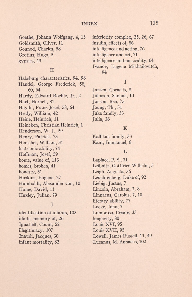Goethe, Johann Wolfgang, 4, 13 Goldsmith, Oliver, 11 Gounod, Charles, 58 Grotius, Hugo, 5 gypsies, 49 H Habsburg characteristics, 94, 98 Handel, George Frederick, 58, 60, 64 Hardy, Edward Rochie, Jr., 2 Hart, Hornell, 81 Haydn, Franz Josef, 58, 64 Healy, William, 42 Heine, Heinrich, 11 Heineken, Christian Heinrich, 1 Henderson, W. J., 59 Henry, Patrick, 75 Herschel, William, 31 histrionic ability, 74 Hoffman, Josef, 59 home, value of, 113 homes, broken, 41 honesty, 51 Hoskins, Eugene, 27 Humboldt, Alexander von, 10 Home, David, 11 Huxley, Julian, 79 I identification of infants, 103 idiots, memory of, 26 Ignatieff, Count, 52 illegitimacy, 107 Inaudi, Jacques, 30 infant mortality, 82 inferiority complex, 25, 26, 67 insulin, effects of, 86 intelligence and acting, 76 intelligence and art, 71 intelligence and musicality, 64 Ivanov, Eugene Mikhailovitch, 94 J Jansen, Cornelis, 8 Johnson, Samuel, 10 Jonson, Ben, 75 Joung, Th., 31 Juke family, 33 Julia, 36 K Kallikak family, 33 Kant, Immanuel, 8 L Laplace, P. S., 31 Leibnitz, Gottfried Wilhelm, 5 Leigh, Augusta, 36 Leuchtenberg, Duke of, 92 Liebig, Justus, 7 Lincoln, Abraham, 7, 8 Linnaeus, Carolus, 7, 10 literary ability, 77 Locke, John, 7 Lombroso, Cesare, 33 longevity, 80 Louis XVI, 95 Louis XVII, 95 Lowell, James Russell, 11, 49 Lucanus, M. Annaeus, 102