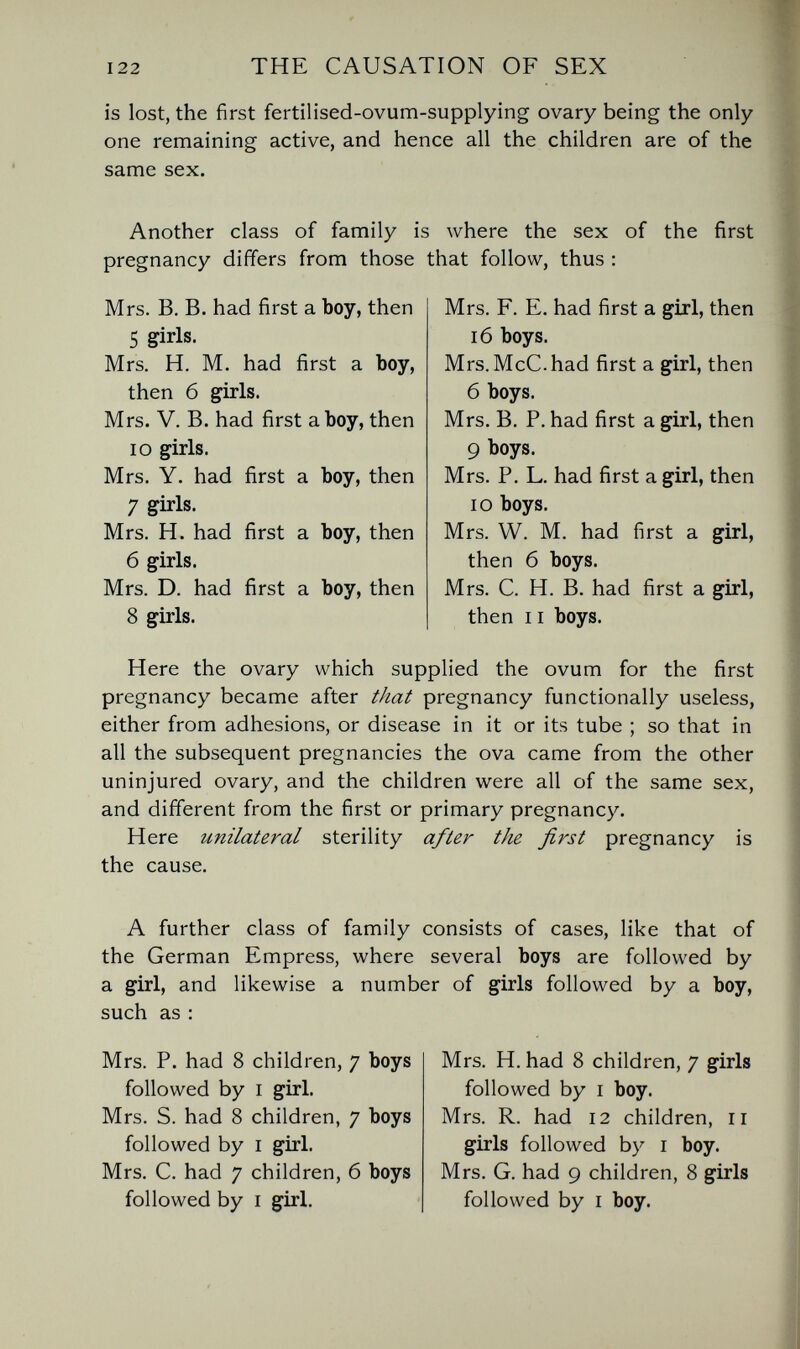 122 THE CAUSATION OF SEX is lost, the first fertilised-ovum-supplying ovary being the only one remaining active, and hence all the children are of the same sex. Another class of family is where the sex of the first pregnancy differs from those that follow, thus : Mrs. B. B. had first a boy, then 5 girls, Mrs. H. M, had first a boy, then б girls. Mrs. V. B. had first a boy, then IO girls. Mrs. Y, had first a boy, then 7 girls. Mrs. H. had first a boy, then 6 girls. Mrs. D. had first a boy, then 8 girls. Mrs. F. E. had first a girl, then I б boys. Mrs. McC.had first a girl, then б boys. Mrs. B. P. had first a girl, then 9 boys. Mrs. P. L. had first a girl, then 10 boys. Mrs. W. M. had first a girl, then б boys. Mrs. C. H. B. had first a girl, then 11 boys. Here the ovary which supplied the ovum for the first pregnancy became after that pregnancy functionally useless, either from adhesions, or disease in it or its tube ; so that in all the subsequent pregnancies the ova came from the other uninjured ovary, and the children were all of the same sex, and different from the first or primary pregnancy. Here unilateral sterility after the first pregnancy is the cause. A further class of family consists of cases, like that of the German Empress, where several boys are followed by a girl, and likewise a number of girls followed by a boy, such as : Mrs. P. had 8 children, 7 boys followed by I girl. Mrs. S. had 8 children, 7 boys followed by I girl. Mrs. C. had 7 children, б boys followed by I girl. Mrs. H. had 8 children, 7 girls followed by I boy. Mrs. R. had 12 children, 11 girls followed by i boy. Mrs. G. had 9 children, 8 girls followed by I boy.