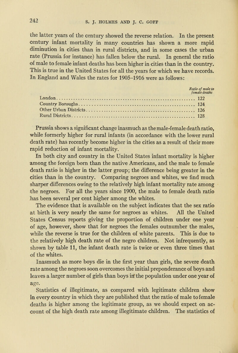 242 s. J. HOLMES AND J. С. GOFF the latter years of the century showed the reverse relation. In the present century infant mortality in many countries has shown a more rapid diminution in cities than in rural districts, and in some cases the urban rate (Prussia for instance) has fallen below the rural. In general the ratio of male to female infant deaths has been higher in cities than in the country. This is true in the United States for all the years for which we have records. In England and Wales the rates for 1905-1916 were as follows: Prussia shows a significant change inasmuch as the male-female death ratio, while formerly higher for rural infants (in accordance with the lower rural death rate) has recently become higher in the cities as a result of their more rapid reduction of infant mortality. In both city and country in the United States infant mortality is higher among the foreign born than the native Americans, and the male to female death ratio is higher in the latter group; the difference being greater in the cities than in the country. Comparing negroes and whites, we find much sharper differences owing to the relatively high infant mortality rate among the negroes. For all the years since 1900, the male to female death ratio has been several per cent higher among the whites. The evidence that is available on the subject indicates that the sex ratio at birth is very nearly the same for negroes as whites. All the United States Census reports giving the proportion of children under one year of age, however, show that for negroes the females outnumber the males, while the reverse is true for the children of white parents. This is due to the relatively high death rate of the negro children. Not infrequently, as shown by table 11, the infant death rate is twice or even three times that of the whites. Inasmuch as more boys die in the first year than girls, the severe death rate among the negroes soon overcomes the initial preponderance of boys and leaves a larger number of girls than boys irf the population under one year of Statistics of illegitimate, as compared with legitimate children show in every country in which they are published that the ratio of male to female deaths is higher among the legitimate group, as we should expect on ac¬ count of the high death rate among illegitimate children. The statistics of Ratio of male to female deaths London Country Boroughs... Other Urban Districts Rural Districts 122 124 126 128 age.
