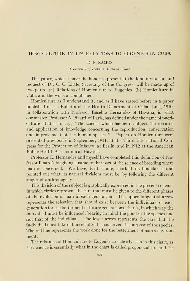 HOMICULTURE IN ITS RELATIONS TO EUGENICS IN CUBA D. F. RAMOS University of Havana, Havana, Cuba This paper, which I have the honor to present at the kind invitation and request of Dr. C. C. Little, Secretary of the Congress, will be made up of two parts: (a) Relations of Homiculture to Eugenics; (b) Homiculture in Cuba and the work accomplished. Homiculture as I understand it, and as I have stated before in a paper published in the Bulletin of the Health Department of Cuba, June, 1910, in collaboration with Professor Eusebio Hernandez of Havana, is what our master, Professor A. Pinard, of Paris, has defined under the name of pueri¬ culture; that is to say, The science which has as its object the research and application of knowledge concerning the reproduction, conservation and improvement of the human species. Papers on Homiculture were presented previously in September, 1911, at the Third International Con¬ gress for the Protection of Infancy, at Berlin, and in 1912 at the American Public Health Association at Havana. Professor E. Hernandez and myself have completed this definition of Pro¬ fessor Pinard's by giving a name to that part of the science of breeding where man is concerned. We have, furthermore, marked its boundaries and pointed out what its natural divisions must be, by following the different stages of anthropogeny. This division of the subject is graphically expressed in the present scheme, in which circles represent the care that must be given to the different phases of the evolution of man in each generation. The upper tangential arrow represents the selection that should exist between the individuals of each .generation for the betterment of future generations, that is, in which way the ■individual must be inñuenced, bearing in mind the good of the species and not that of the individual. The lower arrow represents the care that the individual must take of himself after he has served the purpose of the species. The red line represents the work done for the betterment of man's environ¬ ment. The relations of Homiculture to Eugenics are clearly seen in this chart, as this science is essentially what in the chart is called progonoculture and the 432
