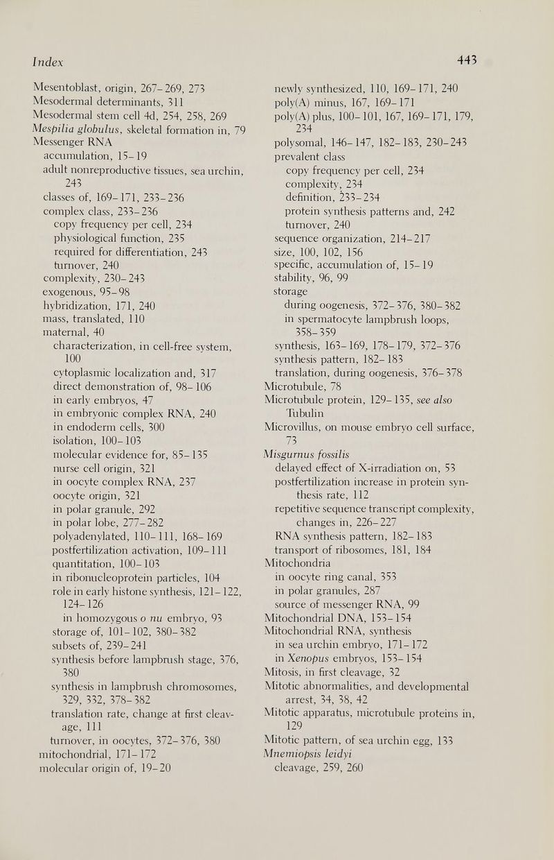 Index 443 Mesentoblast, origin, 267-269, 273 Mesodermal determinants, 311 Mesodermal stem cell 4d, 254, 258, 269 Mespilia globulus, skeletal formation in, 79 Messenger RNA accumulation, 15-19 adult nonreproductive tissues, sea urchin, 243 classes of, 169-171, 233-236 complex class, 233-236 copy frequency per cell, 234 physiological function, 235 required for differentiation, 243 turnover, 240 complexity, 230-243 exogenous, 95-98 hybridization, 171, 240 mass, translated, 110 maternal, 40 characterization, in cell-free system, 100 cytoplasmic localization and, 317 direct demonstration of, 98- 106 in early embryos, 47 in embryonic complex RNA, 240 in endoderm cells, 300 isolation, 100-103 molecular evidence for, 85-135 nurse cell origin, 321 in oocyte complex RNA, 237 oocyte origin, 321 in polar granule, 292 in polar lobe, 277-282 polyadenylated, 110-111, 168-169 postfertilization activation, 109-111 quantitation, 100-103 in ribonucleoprotein particles, 104 role in early histone synthesis, 121-122, 124-126 in homozygous о пи embryo, 93 storage of, 101-102, 380-382 subsets of, 239-241 synthesis before lampbrush stage, 376, 380 synthesis in lampbnish chromosomes, 329, 332, 378-382 translation rate, change at first cleav¬ age, 111 turnover, in oocytes, 372- 376, 380 mitochondrial, 171- 172 molecular origin of, 19-20 newly synthesized, 110, 169-171, 240 poly(A) minus, 167, 169-171 poly(A) plus, 100-101, 167, 169-171, 179, 234 polysomal, 146-147, 182-183, 230-243 prevalent class copy frequency per cell, 234 complexity, 234 definition, 233-234 protein synthesis patterns and, 242 turnover, 240 sequence organization, 214-217 size, 100, 102, 156 specific, accumulation of, 15-19 stability, 96, 99 storage during oogenesis, 372- 376, 380- 382 in spermatocyte lampbrush loops, 358-359 synthesis, 163-169, 178-179, 372-376 synthesis pattern, 182- 183 translation, during oogenesis, 376-378 Microtubule, 78 Microtubule protein, 129-135, see also Tubulin Microvillus, on mouse embryo cell surface, 73 Misgurnus fossilis delayed effect of X-irradiation on, 53 postfertilization increase in protein syn¬ thesis rate, 112 repetitive sequence transcript complexity, changes in, 226-227 RNA synthesis pattern, 182- 183 transport of ribosomes, 181, 184 Mitochondria in oocyte ring canal, 353 in polar granules, 287 source of messenger RNA, 99 Mitochondrial DNA, 153-154 Mitochondrial RNA, synthesis in sea urchin embryo, 171-172 in Xenopus embryos, 153- 154 Mitosis, in first cleavage, 32 Mitotic abnormalities, and developmental arrest, 34, 38, 42 Mitotic apparatus, microtubule proteins in, 129 Mitotic pattern, of sea urchin egg, 133 Mnemiopsis leidyi cleavage, 259, 260