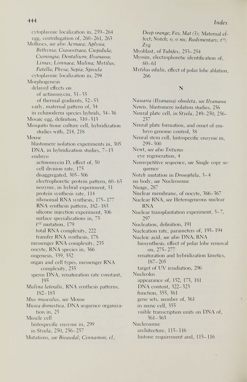 444 Index cytoplasmic localization in, 259-264 egg, centriiligation of, 260-261, 263 Molluscs, нее also Acmaea; Aplysia; Bithynid; Crassostraea; Crepidula; Cumingid; Dentdlium; llyanassd; Limax; Limnaed; Mulind; Mytilus; Pdtelld; Physd; Sepia; Spisula cytoplasmic localization in, 294 Morphogenesis delayed effects on of actinomycin, 51-55 of thermal gradients, 52-53 earl\-, maternal pattern of, 34 in echinoderm species hybrids, 34- 36 Mosaic egg, definition, 310-313 Mosquito tissue culture cell, hybridization studies with, 214, 218 Mouse blastomere isolation experiments in, 305 DNA, in hybridization studies, 7-13 embryo actinomycin D, effect of, 50 cell division rate, 175 disaggregated, 305- 306 electrophoretic protein pattern, 60-63 isoz\me, in h\brid experiment, 51 protein syndiesis rate, 114 ribosomal RNA synthesis, 175- 177 RNA synthesis pattern, 182- 183 silicone injection experiment, 306 surface specializations in, 73 Í'- mutation, 179 total RNA complexity, 222 transfer RNA synthesis, 178 messenger RNA complexity, 235 oocyte, RNA species in, 366 oogenesis, 339, 352 organ and cell types, messenger RNA complexity, 235 sperm DNA, renaturation rate constant, 195 Mulina lateralis, RNA synthesis patterns, 182-183 Mus musculus, see Mouse Musca domestica. DNA sequence organiza¬ tion in, 25 Muscle cell histospecific enzyme in, 299 m Styela, 250, 256-257 Mutations, see Bicaudal; Cinnamon; cl. Deep orange; Fes; Mat (3); Maternal ef¬ fect; Notch; 0; о пи; Rudimentary; f'-- Z)'g Myoblast, oiTubifex, 253-254 Myosin, electrophoretic identification of, 60-61 Mytilus edulis, effect of polar lobe ablation, 266 N Nassaria (Ilyanassa) obsoleta, see llyanassd Nereis, blastomere isolation studies, 256 Neural plate cell, in Styeld, 249-250, 256- 257 Neural plate formation, and onset of em¬ bryo genome control, 38 Neural stem cell, histospecific enzyme in, 299-300 Newt, see diso Triturus eye regeneration, 4 Nonrepetitive sequence, see Single copy se¬ quence Notch mutation in Drosophild, 3-4 nu body, see Nucleosome Nuage, 287 Nuclear membrane, of oocyte, 366-367 Nuclear RNA, see Heterogeneous nuclear RNA Nuclear transplantation experiment, 5-7, 297 Nucleation, definition, 191 Nucleation rate, parameters of, 193- 194 Nucleic acid, see diso DNA; RNA biosynthesis, effect of polar lobe removal on, 275-277 renaturation and hybridization kinetics, 187-205 target of UV irradiation, 296 Nucleolus appearance of, 152, 173, 181 DNA content, 322- 323 function, 355, 361 gene sets, number of, 361 in nurse cell, 355 visible transcription units on DNA of, 361-363 Nucleosome architecture, 115-116 histone requirement and, 115-116