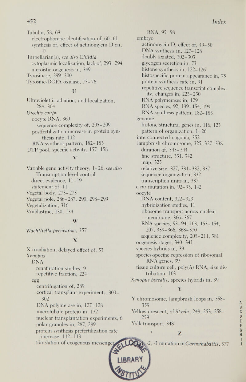 452 Index Tubulin, 58, 69 electrophoretic identification of, 60-61 synthesis of, effect of actinomycin D on, 47 Turbellarian(s), see also Childia cytoplasmic localization, lack of, 293-294 meroistic oogenesis in, 349 Tyrosinase, 299-300 Tyrosine-DOPA oxidase, 75-76 и Ultraviolet irradiation, and localization, 284-304 Urechis caupo oocyte RNA, 360 sequence complexity of, 205-209 postfertilization increase in protein syn¬ thesis rate, 112 RNA synthesis pattern, 182- 183 UTP pool, specific activity, 157-158 V Variable gene activity theory, 1-26, see also Transcription level control direct evidence, 11- 19 statement of, 11 Vegetal body, 273-275 Vegetal pole, 286-287, 290, 298-299 Vegetalization, 316 Vhiblastine, 130, 134 W Wachtliella persicariae, 357 X X-irradiation, delayed effect of, 53 Xenopus DNA renatiiration studies, 9 repetitive fraction, 224 egg centrifugation of, 289 cortical transplant experiments, 300- 302 DNA polymerase in, 127- 128 microtubule protein in, 132 nuclear transplantation experiments, 6 polar granules in, 287, 289 protein synthesis prefertilization rate increase, 112- 113 translation of exogenous messenge RNA, 95-98 embryo actinomycin D, effect of, 49- 50 DNA synthesis in, 127- 128 doubly axiated, 302- 303 glycogen secretion in, 73 histone synthesis in, 122-126 histospecific protein appearance in, 75 protein synthesis rate in, 91 repetitive sequence transcript complex¬ ity, changes in, 223-230 RNA polymerases in, 129 RNA species, 92, 139-154, 199 RNA synthesis pattern, 182- 183 genome histone staictural genes in, 116, 123 pattern of organization, 1-26 interconnected oogonia, 352 lampbrush chromosome, 325, 327-338 duration of, 343- 344 fine staicture, 331, 342 map, 325 relative size, 327, 331-332, 337 sequence organization, 332 transcription units in, 337 0 nu mutation in, 92-93, 142 oocyte DNA content, 322- 323 hybridization studies, 11 ribosome transport across nuclear membrane, 366- 367 RNA species, 93-94, 103, 153-154, 207, 359-366, 368-370 sequence complexity, 205-211, 381 oogenesis stages, 340-341 species hybrids in, 39 species-specific repression of ribosomal RNA genes, 39 tissue culture cell, poly(A) RNA, size dis¬ tribution, 103 Xenopus borealis, species hybrids in, 39 Y chromosome, lampbrush loops in, 358- 359 Yellow crescent, of Styela, 248, 253, 258- 259 Yolk transport, 348 -2,-3 mutation inCaenorhabditis, ill A В С D E F G H