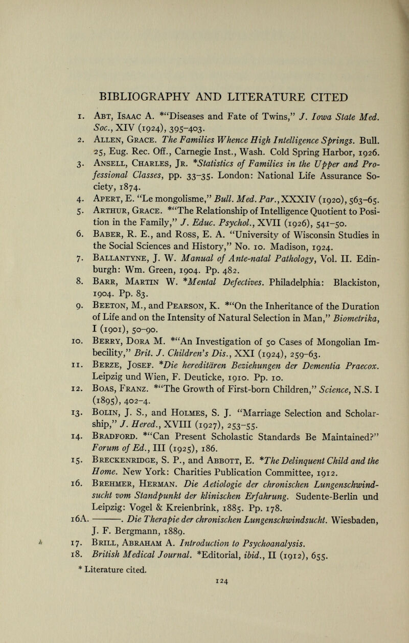 BIBLIOGRAPHY AND LITERATURE CITED 1. A bt, I saac A. 'Diseases and Fate of Twins, J. Iowa State Med. Soc., XIV (1924), 395-403- 2. A llen, G race. The Families Whence High Intelligence Springs. Bull. 25, Eug. Ree. Off., Carnegie Inst., Wash. Cold Spring Harbor, 1926. 3. A nsell, C harles, I r. *Statistics of Families in the Upper and Pro fessional Classes, pp. 33-35. London: National Life Assurance So ciety, 1874. 4. A pert, E. Le mongolisme, Bull. Med. Par., XXXIV (1920), 563-65. 5. A rthur, G race. *The Relationship of Intelligence Quotient to Posi tion in the Family, J. Educ. Psychol., XVII (1926), 541-50. 6. B aber, R. E., and Ross, E. A. University of Wisconsin Studies in the Social Sciences and History, No. 10. Madison, 1924. 7. B allantyne, J. W. Manual of Ante-natal Pathology, Vol. II. Edin burgh: Wm. Green, 1904. Pp. 482. 8. B arr, M artin W. * Mental Defectives. Philadelphia: Blackiston, 1904. Pp. 83. 9. B eeton, M., and P earson, K. *On the Inheritance of the Duration of Life and on the Intensity of Natural Selection in Man, Biometrika, I (1901), 50-90- 10. B erry, D ora M. *An Investigation of 50 Cases of Mongolian Im becility, Brit. J. Children's Dis., XXI (1924), 259-63. 11. B erze, J osef. *Die hereditären Beziehungen der Dementia Praecox. Leipzig und Wien, F. Deuticke, 1910. Pp. 10. 12. B oas, F ranz. *The Growth of First-born Children, Science, N.S. I (1895), 402-4. 13. B olin, J. S., and H olmes, S. J. Marriage Selection and Scholar ship, J. Hered., XVIII (1927), 253-55. 14. B radford. *Can Present Scholastic Standards Be Maintained? Forum of Ed., III (1925), 186. 15. B reckenridge, S. P., and A bbott, E. *The Delinquent Child and the Home. New York: Charities Publication Committee, 1912. 16. B rehmer, H erman. Die Aetiologie der chronischen Lungenschwind sucht vom Standpunkt der klinischen Erfahrung. Sudente-Berlin und Leipzig: Vogel & Kreienbrink, 1885. Pp. 178. 16A. . Die Therapie der chronischen Lungenschwindsucht. Wiesbaden, J. F. Bergmann, 1889. a 17. B rill, A braham A. Introduction to Psychoanalysis. 18. British Medical Journal. *Editorial, ibid., II (1912), 655. * Literature cited.