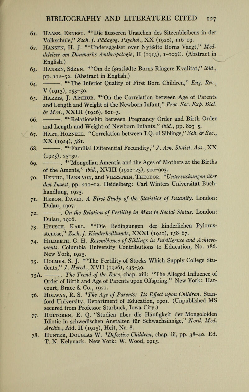 61. H aase, E rnest. *Die äusseren Ursachen des Sitzenbleibens in der Volkschule, Zsch. f. Pädagog. Psychol., XX (1920), 116-19. 62. H ansen, H. J. *Unders0gelser over Nyf0dte Borns Vaegt, Med- delelser orn Danmarks Anthropologie, II (1913), 1-109C. (Abstract in English.) 63. H ansen, S 0 ren. *Om de f^rstf^dte Borns Ringere Kvalitat, ibid., pp. 112-52. (Abstract in English.) 64. . *The Inferior Quality of First Born Children, Eng. Rev., V (1913), 253-59. 65. H arris, J. A rthur. *On the Correlation between Age of Parents and Length and Weight of the Newborn Infant, Proc. Soc. Exp. Biol. & Med., XXIII (1926), 801-3. 66 . . *Relationship between Pregnancy Order and Birth Order and Length and Weight of Newborn Infants, ibid., pp. 803-5. 67. H art, H ornell. Correlation between I.Q. of Siblings, Sch. &Soc., XX (1924), 381. 68. . 'Familial Differential Fecundity, J. Am. Statist. ^4w., XX (1925), 25-30. 69. . *Mongolian Amentia and the Ages of Mothers at the Births of the Aments, ibid., XVIII (1922-23), 900-903. 70. H entig, H ans von, and V ierstein, T heodor. * Unter suchungen über den Inzest, pp. 211-12. Heidelberg: Carl Winters Universität Buch handlung, 1925. 71. H eron, D avid. A First Study of the Statistics of Insanity. London: Dulau, 1907. 72. . On the Relation of Fertility in Man to Social Status. London: Dulau, 1906. 73. H eusch, K arl. *Die Bedingungen der kinderlichen Pylorus stenose, Zsch. f. Kinderheilkunde, XXXI (1921), 158-87. 74. H ildreth, G. H. Resemblance of Siblings in Intelligence and Achieve ments. Columbia University Contributions to Education, No. 186. New York, 1925. 75. H olmes, S. J. *The Fertility of Stocks Which Supply College Stu dents, J. Hered., XVII (1926), 235-39. 75A. -. The Trend of the Race, chap, xiii: The Alleged Influence of Order of Birth and Age of Parents upon Offspring. New York: Har- court, Brace & Co., 1921. 76. H olway, R. S. *The Age of Parents: Its Effect upon Children. Stan ford University, Department of Education, 1901. (Unpublished MS secured from Professor Starbuck, Iowa City.) 77. H ultgren, E. Q. Studien über die Häufigkeit der Mongoloiden Idiotic in schwedischen Anstalten für Schwachsinnige, Nord. Med. Archiv., Afd. II (1915), Heft, Nr. 8. 78. H unter, D ouglas W. *Defective Children, chap, iii, pp. 38-40. Ed. T. N. Kelynack. New York: W. Wood, 1915.