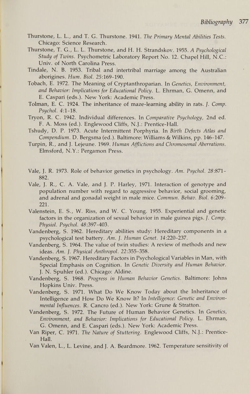 Bibliography Ъ77 Thurstone, L. L., and T. G. Thurstone. 1941. The Primary Mental Abilities Tests. Chicago: Science Research. Thurstone, T. G., L. L. Thurstone, and H. H. Strandskov. 1955. A Psychological Study of Twins. Psychometric Laboratory Report No. 12. Chapel Hill, N.C.: Univ. of North Carolina Press. Tindale, N. B. 1953. Tribal and intertribal marriage among the Australian aborigines. Hum. Biol. 25:169-190. Tobach, E. 1972. The Meaning of Cryptanthroparian. In Genetics, Environment, and Behavior: Implications for Educational Policy. L. Ehrman, G. Omenn, and E. Caspari (eds.). New York: Academic Press. Tolman, E. C. 1924. The inheritance of maze-learning ability in rats. J. Camp. Psychol. 4:1-18. Tryon, R. C. 1942. Individual differences. In Comparative Psychology, 2nd ed. F. A. Moss (ed.). Englewood Cliffs, N.J.: Prentice-Hall. Tshudy, D. P. 1973. Acute Intermittent Porphyria. In Birth Defects Atlas and Compendium. D. Bergsma (ed.). Baltimore: Williams & Wilkins, pp. 146-147. Turpin, R., and J. Lejeune. 1969. Human Afflictions and Chromosomal Aberrations. Elmsford, N.Y.: Pergamon Press. Vale, J. R. 1973. Role of behavior genetics in psychology. Am. Psychol. 28:871- 882. Vale, J. R., C. A. Vale, and J. P. Harley, 1971. Interaction of genotype and population number with regard to aggressive behavior, social grooming, and adrenal and gonadal weight in male mice. Commun. Behav. Biol. 6:209- 221. Valenstein, E. S., W. Riss, and W. C. Young. 1955. Experiential and genetic factors in the organization of sexual behavior in male guinea pigs. /. Сотр. Physiol. Psychol. 48:397-403. Vandenberg, S. 1962. Hereditary abilities study: Hereditary components in a psychological test battery. Am. J. Human Genet. 14:220-237. Vandenberg, S. 1964. The value of twin studies: A review of methods and new ideas. Am. J. Physical Anthropol. 22:355-358. Vandenberg, S. 1967. Hereditary Factors in Psychological Variables in Man, with Special Emphasis on Cognition. In Genetic Diversity and Human Behavior. J. N. Spuhler (ed.). Chicago: Aldine. Vandenberg, S. 1968. Progress in Human Behavior Genetics. Baltimore: Johns Hopkins Univ. Press. Vandenberg, S. 1971. What Do We Know Today about the Inheritance of Intelligence and How Do We Know It? In Intelligence: Genetic and Environ¬ mental Influences. R. Cancro (ed.). New York: Grune & Stratton. Vandenberg, S. 1972. The Future of Human Behavior Genetics. In Genetics, Environment, and Behavior: Implications for Educational Policy. L. Ehrman, G. Omenn, and E. Caspari (eds.). New York: Academic Press. Van Riper, C. 1971. The Nature of Stuttering. Englewood Cliffs, N.J.: Prentice- Hall. Van Valen, L., L. Levine, and J. A. Beardmore. 1962. Temperature sensitivity of