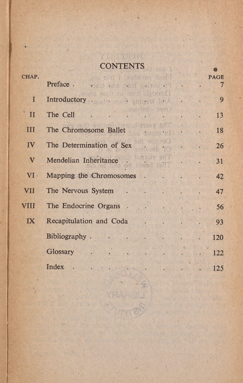 CONTENTS # CHAP. PAGE Preface ........ 7 I Introductory ....... 9 II The Cell . 13 III The Chromosome Ballet . . . . 18 IV The Determination of Sex .... 26 V Mendelian Inheritance . . . . . 31 VI Mapping the Chromosomes . . . 42 VII The Nervous System ..... 47 VIII The Endocrine Organs . . . . . 56 IX Recapitulation and Coda 93 Bibliography . . . . . .120 Glossary . . . . . . . 122 Index 125