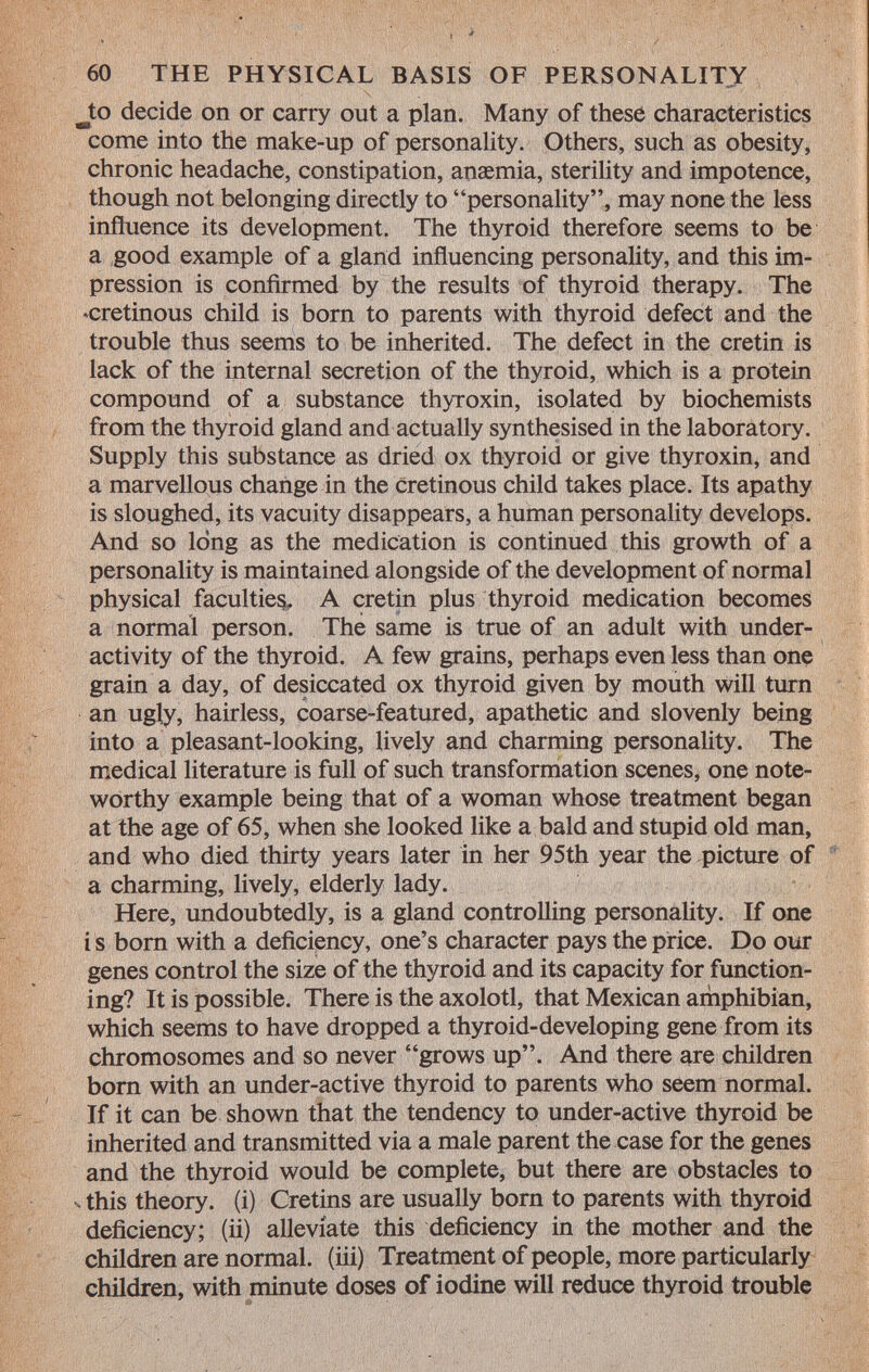 Jto decide on or carry out a plan. Many of these characteristics come into the make-up of personality. Others, such as obesity, chronic headache, constipation, anaemia, sterility and impotence, though not belonging directly to personality, may none the less influence its development. The thyroid therefore seems to be a good example of a gland influencing personality, and this im pression is confirmed by the results of thyroid therapy. The «cretinous child is born to parents with thyroid defect and the trouble thus seems to be inherited. The defect in the cretin is lack of the internal secretion of the thyroid, which is a protein compound of a substance thyroxin, isolated by biochemists from the thyroid gland and actually synthesised in the laboratory. Supply this substance as dried ox thyroid or give thyroxin, and a marvellous change in the cretinous child takes place. Its apathy is sloughed, its vacuity disappears, a human personality develops. And so long as the medication is continued this growth of a personality is maintained alongside of the development of normal physical faculties^ A cretin plus thyroid medication becomes a normal person. The same is true of an adult with under activity of the thyroid. A few grains, perhaps even less than one grain a day, of desiccated ox thyroid given by mouth will turn an ugly, hairless, coarse-featured, apathetic and slovenly being into a pleasant-looking, lively and charming personality. The medical literature is full of such transformation scenes, one note worthy example being that of a woman whose treatment began at the age of 65, when she looked like a bald and stupid old man, and who died thirty years later in her 95th year the picture of a charming, lively, elderly lady. Here, undoubtedly, is a gland controlling personality. If one i s born with a deficiency, one's character pays the price. Do our genes control the size of the thyroid and its capacity for function ing? It is possible. There is the axolotl, that Mexican amphibian, which seems to have dropped a thyroid-developing gene from its chromosomes and so never grows up. And there are children born with an under-active thyroid to parents who seem normal. If it can be shown that the tendency to under-active thyroid be inherited and transmitted via a male parent the case for the genes and the thyroid would be complete, but there are obstacles to V this theory, (i) Cretins are usually born to parents with thyroid deficiency; (ii) alleviate this deficiency in the mother and the children are normal, (iii) Treatment of people, more particularly children, with minute doses of iodine will reduce thyroid trouble