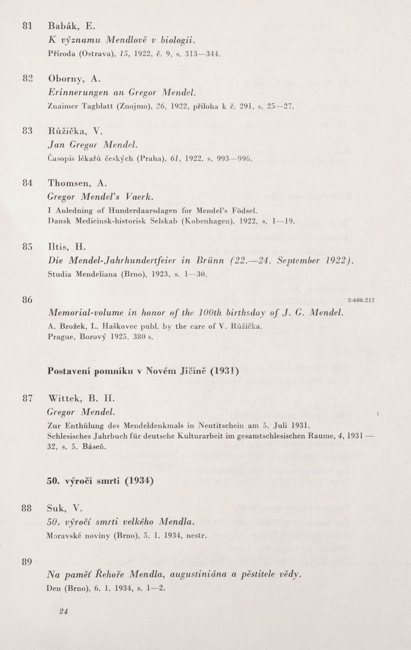 81 Babák, E. К vyznamu Mendlovë v biologii. Pfiroda (Ostrava), 15, 1922, с. 9, s. 313—344. 82 Oborny, A. Erinnerunge Zuaimer Tagblatt (Znojmo), 26, 1922, priloha к с. 291, s. 25—27. Erinnerungen an Gregor Meìidel. 83 Rùzicka, V. Jan Gregor Mendel. Casopis lékarii ceskych (Praha), 61, 1922. s. 993—996. 84 Thomsen, A. Gregor MendeVs Vaerk. I Anledning of Hunderdaarsdagen for Mendel's Födsel. Dansk Medicinsk-historisk Selskab (Kobenhagen), 1922, s. 1—19. 85 Iltis, H. Die Mendel-Jahrhundertfeier in Brünn (22.—24. September 1922). Studia Mendeliana (Brno), 1923, s. 1—30. 86 2-600.212 Memorial-volume in honor of the 100th birthsday of J. G. Mendel. A. Brozek, L. Haskovec pubi, by the care of V. Rùzicka. Prague, Borovy 1925. 380 s. Postaveni pomiiiku v Novém Jicíne (1931) 87 Wittek, В. H. Gregor Mendel. Zur Enthülung des Mendeldenkmals in Neutitscliein am 5. Juli 1931. Schlesisches Jahrbuch für deutsche Kulturarbeit im gesamtschlesischen Räume, 4, 1931 32, s. 5. Básen. 50. vyrocí smrti (1934) 88 Suk, V. 50. vyrocí smrti velkého Mendia. Moravské noviny (Brno), 5. 1. 1934, nestr. 89 Na pamëi Rehofe Mendia, augustiniâna a pestitele vëdy. Den (Brno), 6. 1. 1934, s. 1—2. 24