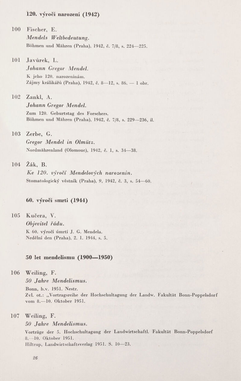 120. vyrocí narození (1942) 100 Fischer, E. Mendels Weltbedeutung. Böhmen und Mähren (Praha), 1942, c. 7/8, s. 224—225. 101 Javùrek, L. Johann Gregor Mendel. К jeho 120. narozenmám. Zájmy králikáríi (Praha), 1942, с. 8—12, s. 86. — 1 obr. 102 Zankl, A. Johann Gregor Mendel. Zum 120. Geburtstag des Forschers. Böhmen und Mähren (Praha), 1942, c. 7/8, s. 229—236, il. 103 Zerbe, G. Gregor Mendel in Olmütz. Nordmährenland (Olomouc), 1942, c. 1, s. 34—38. 104 Zák, В. Ке 120. vyrocí Mendelovych narozenin. Stomatologicky vëstnik (Praha), 9, 1942, c. 3, s. 54—60. 60. vyrocí smrti (1944) 105 Kucera, V. Objevitel fádu. К 60. vyrocí úmrtí .J. G. Mendela. Nedelní den (Praha), 2. 1. 1944, s. 5. 50 let mendelismu (1900—1950) 106 Welling, F. 50 Jahre Mendelismus. Bonn, b.v. 1951. Nestr. Zvl. ot.: „Vortragsreihe der Hochschultagung der Landw. Fakultät Bonn-Poppelsdorf vom 8.—10. Oktober 1951. 107 Welling, F, 50 Jahre Mendelismus. Vorträge der 5. Hochschultagung der Landwirtschaftl. Fakultät Bonn-Poppelsdorf 8.—10. Oktober 1951. Hiltrup, Landwirtschaftsverlag 1951. S. 10—23. 26