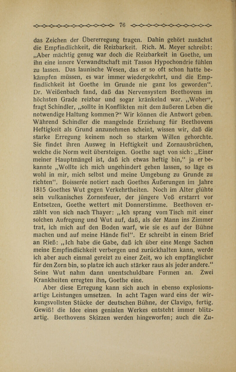 das Zeichen der Übererregung tragen. Dahin gehört zunächst die Empfindlichkeit, die Reizbarkeit. Rieh. M. Meyer schreibt: „Aber mächtig genug war doch die Reizbarkeit in Goethe, um ihn eine innere Verwandtschaft mit Tassos Hypochondrie fühlen zu lassen. Das launische Wesen, das er so oft schon hatte be¬ kämpfen müssen, es war immer wiedergekehrt, und die Emp¬ findlichkeit ist Goethe im Grunde nie ganz los geworden. Dr. Weißenbach fand, daß das Nervensystem Beethovens im höchsten Grade reizbar und sogar kränkelnd war. ,,Woher, fragt Schindler, „sollte in Konflikten mit dem äußeren Leben die notwendige Haltung kommen? Wir können die Antwort geben. Während Schindler die mangelnde Erziehung für Beethovens Heftigkeit als Grund anzunehmen scheint, wissen wir, daß die starke Erregung keinem noch so starken Willen gehorchte. Sie findet ihren Ausweg in Heftigkeit und Zornausbrüchen, welche die Norm weit übersteigen. Goethe sagt von sich;,,Einer meiner Hauptmängel ist, daß ich etwas heftig bin, ja er be¬ kannte „Wollte ich mich ungehindert gehen lassen, so läge es wohl in mir, mich selbst und meine Umgebung zu Grunde zu richten. Boisserée notiert nach Goethes Äußerungen im Jahre 1815 Goethes Wut gegen Verkehrtheiten. Noch im Alter glühte sein vulkanisches Zornesfeuer, der jüngere Voß erstarrt vor Entsetzen, Goethe wettert mit Donnerstimme. Beethoven er¬ zählt von sich nach Thayer: ,,Ich sprang vom Tisch mit einer solchen Aufregung und Wut auf, daß, als der Mann ins Zimmer trat, ich mich auf den Boden warf, wie sie es auf der Bühne machen und auf meine Hände fiel. Er schreibt in einem Brief an Rieß: ,,Ich habe die Gabe, daß ich über eine Menge Sachen meine Empfindlichkeit verbergen und zurückhalten kann, werde ich aber auch einmal gereizt zu einer Zeit, wo ich empfänglicher für den Zorn bin, so platze ich auch stärker raus als jeder andere. Seine Wut nahm dann unentschuldbare Formen an. Zwei Krankheiten erregten ihn, Goethe eine. Aber diese Erregung kann sich auch in ebenso explosions¬ artige Leistungen umsetzen. In acht Tagen ward eins der wir¬ kungsvollsten Stücke der deutschen Bühne, der Clavigo, fertig. Gewiß! die Idee eines genialen Werkes entsteht immer blitz¬ artig. Beethovens Skizzen werden hingeworfen; auch die Zu-