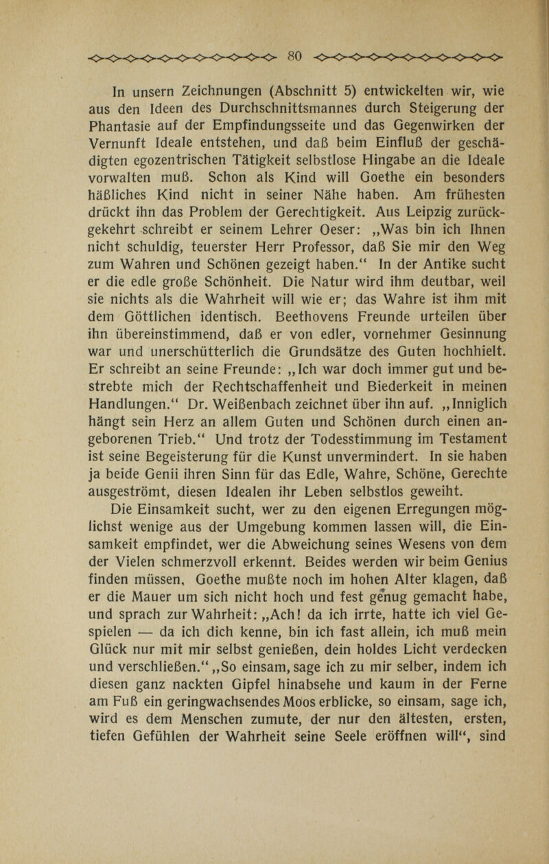 In unsern Zeichnungen (Abschnitt 5) entwickelten wir, wie aus den Ideen des Durchschnittsmannes durch Steigerung der Phantasie auf der Empfindungsseite und das Gegenwirken der Vernunft Ideale entstehen, und daß beim Einfluß der geschä¬ digten egozentrischen Tätigkeit selbstlose Hingabe an die Ideale vorwalten muß. Schon als Kind will Goethe ein besonders häßliches Kind nicht in seiner Nähe haben. Am frühesten drückt ihn das Problem der Gerechtigkeit. Aus Leipzig zurück¬ gekehrt schreibt er seinem Lehrer Oeser: „Was bin ich Ihnen nicht schuldig, teuerster Herr Professor, daß Sie mir den Weg zum Wahren und Schönen gezeigt haben. In der Antike sucht er die edle große Schönheit. Die Natur wird ihm deutbar, weil sie nichts als die Wahrheit will wie er; das Wahre ist ihm mit dem Göttlichen identisch, Beethovens Freunde urteilen über ihn übereinstimmend, daß er von edler, vornehmer Gesinnung war und unerschütterlich die Grundsätze des Guten hochhielt. Er schreibt an seine Freunde: „Ich war doch immer gut und be¬ strebte mich der Rechtschaffenheit und Biederkeit in meinen Handlungen. Dr. Weißenbach zeichnet über ihn auf. „Inniglich hängt sein Herz an allem Guten und Schönen durch einen an¬ geborenen Trieb. Und trotz der Todesstimmung im Testament ist seine Begeisterung für die Kunst unvermindert. In sie haben ja beide Genii ihren Sinn für das Edle, Wahre, Schöne, Gerechte ausgeströmt, diesen Idealen ihr Leben selbstlos geweiht. Die Einsamkeit sucht, wer zu den eigenen Erregungen mög¬ lichst wenige aus der Umgebung kommen lassen will, die Ein¬ samkeit empfindet, wer die Abweichung seines Wesens von dem der Vielen schmerzvoll erkennt. Beides werden wir beim Genius finden müssen, Goethe mußte noch im hohen Alter klagen, daß er die Mauer um sich nicht hoch und fest ge'nug gemacht habe, und sprach zur Wahrheit: „Ach! da ich irrte, hatte ich viel Ge¬ spielen — da ich dich kenne, bin ich fast allein, ich muß mein Glück nur mit mir selbst genießen, dein holdes Licht verdecken und verschließen. „So einsam, sage ich zu mir selber, indem ich diesen ganz nackten Gipfel hinabsehe und kaum in der Ferne am Fuß ein geringwachsendes Moos erblicke, so einsam, sage ich, wird es dem Menschen zumute, der nur den ältesten, ersten, tiefen Gefühlen der Wahrheit seine Seele eröffnen will, sind