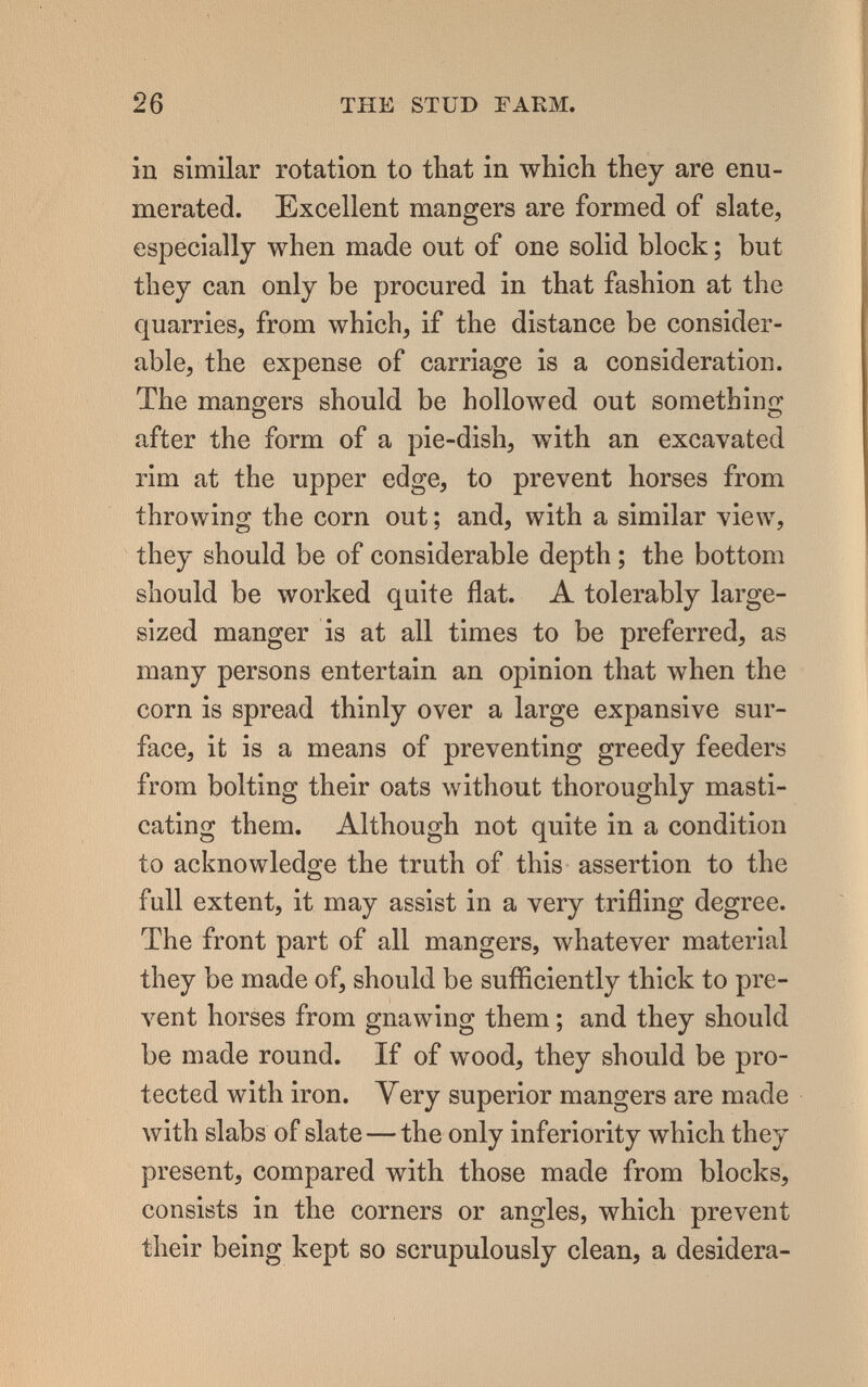 26 THE STUD ГАЕМ, in similar rotation to that in which they are enu¬ merated. Excellent mangers are formed of slate, especially when made out of one solid block ; but they can only be procured in that fashion at the quarries, from which, if the distance be consider¬ able, the expense of carriage is a consideration. The mangers should be hollowed out something after the form of a pie-dish, with an excavated rim at the upper edge, to prevent horses from throwing the corn out ; and, with a similar view, they should be of considerable depth ; the bottom should be worked quite flat. A tolerably large- sized manger is at all times to be preferred, as many persons entertain an opinion that when the corn is spread thinly over a large expansive sur¬ face, it is a means of preventing greedy feeders from bolting their oats without thoroughly masti¬ cating them. Although not quite in a condition to acknowledge the truth of this assertion to the full extent, it may assist in a very trifling degree. The front part of all mangers, whatever material they be made of, should be sufficiently thick to pre¬ vent horses from gnawing them ; and they should be made round. If of wood, they should be pro¬ tected with iron. Yery superior mangers are made with slabs of slate—the only inferiority which they present, compared with those made from blocks, consists in the corners or angles, which prevent their being kept so scrupulously clean, a desidera-