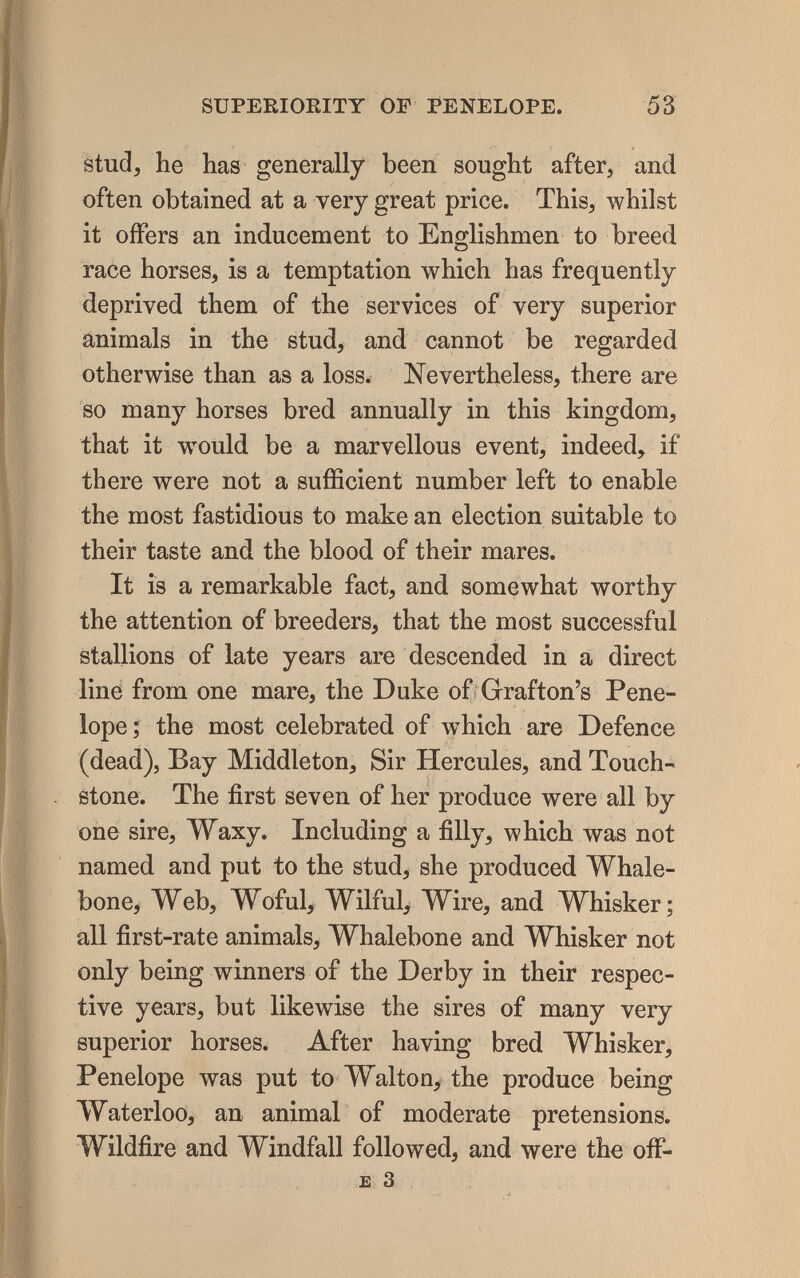 SUPERIORITY OF PENELOPE. 53 stud, he has generally been sought after, and often obtained at a very great price. This, whilst it offers an inducement to Englishmen to breed race horses, is a temptation which has frequently deprived them of the services of very superior animals in the stud, and cannot be regarded otherwise than as a loss. Nevertheless, there are so many horses bred annually in this kingdom, that it would be a marvellous event, indeed, if there were not a sufficient number left to enable the most fastidious to make an election suitable to their taste and the blood of their mares. It is a remarkable fact, and somewhat worthy the attention of breeders, that the most successful stallions of late years are descended in a direct line from one mare, the Duke of Grafton's Pene¬ lope; the most celebrated of which are Defence (dead), Bay Middleton, Sir Hercules, and Touch¬ stone. The first seven of her produce were all by one sire. Waxy. Including a filly, which was not named and put to the stud, she produced Whale¬ bone, Web, Woful, Wilful, Wire, and Whisker; all first-rate animals. Whalebone and Whisker not only being winners of the Derby in their respec¬ tive years, but likewise the sires of many very superior horses. After having bred Whisker, Penelope was put to Walton, the produce being lYaterloo, an animal of moderate pretensions. Wildfire and Windfall followed, and were the oíF- £ 3