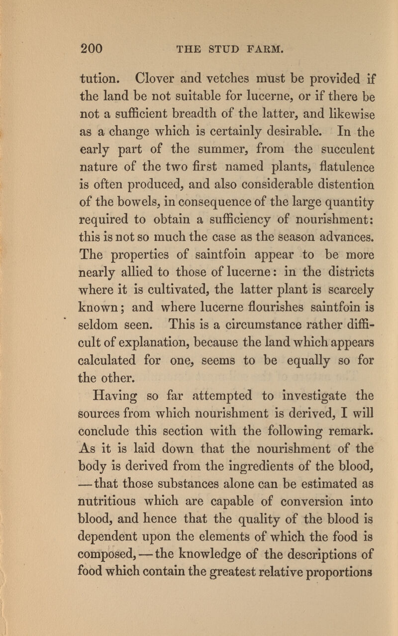 200 THE STUD FARM. tution. Clover and vetches must be provided if the land be not suitable for lucerne, or if there be i not a sufficient breadth of the latter, and likewise i as a change which is certainly desirable. In the early part of the summer, from the succulent nature of the two first named plants, flatulence is often produced, and also considerable distention of the bowels, in consequence of the large quantity required to obtain a sufficiency of nourishment: this is not so much the case as the season advances. The properties of saintfoin appear to be more nearly allied to those of lucerne : in the districts where it is cultivated, the latter plant is scarcely known ; and where lucerne flourishes saintfoin is seldom seen. This is a circumstance rather diffi¬ cult of explanation, because the land which appears calculated for one, seems to be equally so for the other. Having so far attempted to investigate the sources from which nourishment is derived, I will conclude this section with the following remark. As it is laid down that the nourishment of the body is derived from the ingredients of the blood, —that those substances alone can be estimated as nutritious which are capable of conversion into blood, and hence that the quality of the blood is dependent upon the elements of which the food is composed, — the knowledge of the descriptions of food which contain the greatest relative proportions