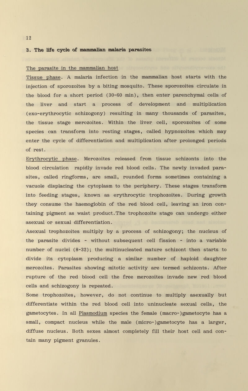 12 3. The life cycle of mammalian malaria parasites The parasite in the mammalian host Tissue phase. A malaria infection in the mammaUan host starts with the injection of sporozoites by a biting mosquito. These sporozoites circulate in the blood for a short period (30-60 min), then enter parenchymal cells of the Uver and start a process of development and multiplication (exo-erythrocytic schizogony) resulting in many thousands of parasites, the tissue stage merozoites. Within the liver cell, sporozoites of some species can transform into resting stages, called hypnozoites which may enter the cycle of differentiation and multiplication after prolonged periods of rest. Erythrocytic phase. Merozoites released from tissue schizonts into the blood circulation rapidly invade red blood cells. The newly invaded para¬ sites, called ringforms, are small, rounded forms sometimes containing a vacuole displacing the cytoplasm to the periphery. These stages transform into feeding stages, known as erythrocytic trophozoites. During growth they consume the haemoglobin of the red blood cell, leaving an iron con¬ taining pigment as waist product.The trophozoite stage can undergo either asexual or sexual differentiation. Asexual trophozoites multiply by a process of schizogony; the nucleus of the parasite divides - without subsequent cell fission - into a variable number of nuclei (8-32); the multinucleated mature schizont then starts to divide its cytoplasm producing a similar number of haploid daughter merozoites. Parasites showing mitotic activity are termed schizonts. After rupture of the red blood cell the free merozoites invade new red blood cells and schizogony is repeated. Some trophozoites, however, do not continue to multiply asexually but differentiate within the red blood cell into uninucleate sexual cells, the gametocytes. In all Plasmodium species the female (macro-)gametocyte has a small, compact nucleus while the male (micro-)gametocyte has a larger, diffuse nucleus. Both sexes almost completely fill their host cell and con¬ tain many pigment granules.