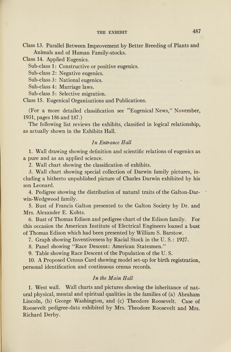 Class 13. Parallel Between Improvement by Better Breeding of Plants and Animals and of Human Family-stocks. Class 14. Applied Eugenics. Sub-class 1 : Constructive or positive eugenics. Sub-class 2: Negative eugenics. Sub-class 3: National eugenics. Sub-class 4: Marriage laws. Sub-class 5 : Selective migration. Class 15. Eugenical Organizations and Publications. (For a more detailed classification see Eugenical News, November, 1931, pages 186 and 187.) The following list reviews the exhibits, classified in logical relationship, as actually shown in the Exhibits Hall. In Entrance Hall 1. Wall drawing showing definition and scientific relations of eugenics as a pure and as an applied science. 2. Wall chart showing the classification of exhibits. 3. Wall chart showing special collection of Darwin family pictures, in cluding a hitherto unpublished picture of Charles Darwin exhibited by his son Leonard. 4. Pedigree showing the distribution of natural traits of the Galton-Dar win-Wedgwood family. 5. Bust of Francis Galton presented to the Galton Society by Dr. and Mrs. Alexander E. Kohts. 6. Bust of Thomas Edison and pedigree chart of the Edison family. For this occasion the American Institute of Electrical Engineers loaned a bust of Thomas Edison which had been presented by William S. Barstow. 7. Graph showing Inventiveness by Racial Stock in the U. S.: 1927. 8. Panel showing Race Descent: American Statesmen. 9. Table showing Race Descent of the Population of the U. S. 10. A Proposed Census Card showing model set-up for birth registration, personal identification and continuous census records. In the Main Hall 1. West wall. Wall charts and pictures showing the inheritance of nat ural physical, mental and spiritual qualities in the families of (a) Abraham Lincoln, (b) George Washington, and (c) Theodore Roosevelt. Case of Roosevelt pedigree-data exhibited by Mrs. Theodore Roosevelt and Mrs. Richard Derby.
