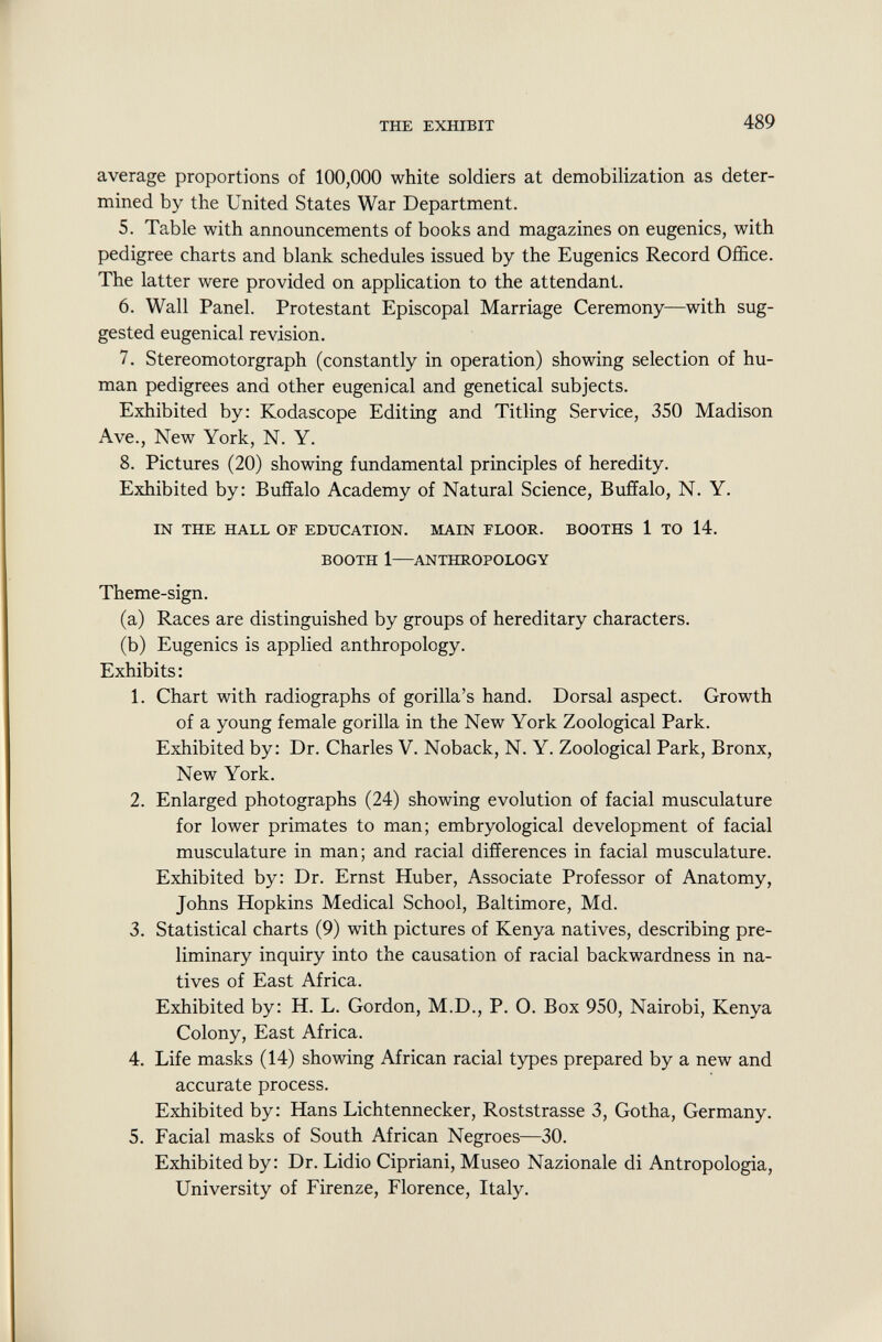 average proportions of 100,000 white soldiers at demobilization as deter mined by the United States War Department. 5. Table with announcements of books and magazines on eugenics, with pedigree charts and blank schedules issued by the Eugenics Record Office. The latter were provided on application to the attendant. 6. Wall Panel. Protestant Episcopal Marriage Ceremony—with sug gested eugenical revision. 7. Stereomotorgraph (constantly in operation) showing selection of hu man pedigrees and other eugenical and genetical subjects. Exhibited by: Kodascope Editing and Titling Service, 350 Madison Ave., New York, N. Y. 8. Pictures (20) showing fundamental principles of heredity. Exhibited by: Buffalo Academy of Natural Science, Buffalo, N. Y. IN THE HALL OF EDUCATION. MAIN FLOOR. BOOTHS 1 TO 14. BOOTH 1—ANTHROPOLOGY Theme-sign. (a) Races are distinguished by groups of hereditary characters. (b) Eugenics is applied anthropology. Exhibits: 1. Chart with radiographs of gorilla's hand. Dorsal aspect. Growth of a young female gorilla in the New York Zoological Park. Exhibited by: Dr. Charles V. Noback, N. Y. Zoological Park, Bronx, New York. 2. Enlarged photographs (24) showing evolution of facial musculature for lower primates to man; embryological development of facial musculature in man; and racial differences in facial musculature. Exhibited by: Dr. Ernst Huber, Associate Professor of Anatomy, Johns Hopkins Medical School, Baltimore, Md. 3. Statistical charts (9) with pictures of Kenya natives, describing pre liminary inquiry into the causation of racial backwardness in na tives of East Africa. Exhibited by: H. L. Gordon, M.D., P. O. Box 950, Nairobi, Kenya Colony, East Africa. 4. Life masks (14) showing African racial types prepared by a new and accurate process. Exhibited by: Hans Lichtennecker, Roststrasse 3, Gotha, Germany. 5. Facial masks of South African Negroes—30. Exhibited by: Dr. Lidio Cipriani, Museo Nazionale di Antropologia, University of Firenze, Florence, Italy.