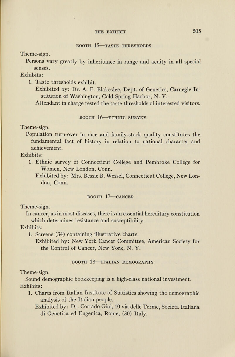 BOOTH 15— TASTE THRESHOLDS Theme-sign. Persons vary greatly by inheritance in range and acuity in all special senses. Exhibits: 1. Taste thresholds exhibit. Exhibited by: Dr. A. F. Blakeslee, Dept. of Genetics, Carnegie In stitution of Washington, Cold Spring Harbor, N. Y. Attendant in charge tested the taste thresholds of interested visitors. BOOTH 16— ETHNIC SURVEY Theme-sign. Population turn-over in race and family-stock quality constitutes the fundamental fact of history in relation to national character and achievement. Exhibits: 1. Ethnic survey of Connecticut College and Pembroke College for Women, New London, Conn. Exhibited by: Mrs. Bessie B. Wessel, Connecticut College, New Lon don, Conn. BOOTH 17— CANCER Theme-sign. In cancer, as in most diseases, there is an essential hereditary constitution which determines resistance and susceptibility. Exhibits: 1. Screens (34) containing illustrative charts. Exhibited by: New York Cancer Committee, American Society for the Control of Cancer, New York, N. Y. BOOTH 18 ITALIAN DEMOGRAPHY Theme-sign. Sound demographic bookkeeping is a high-class national investment. Exhibits: 1. Charts from Italian Institute of Statistics showing the demographic analysis of the Italian people. Exhibited by: Dr. Corrado Gini, 10 via delle Terme, Società Italiana di Genetica ed Eugenica, Rome, (30) Italy.