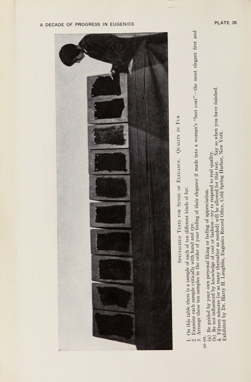 S pecialized T ests for S ense of E legance . Q uality in F ur 1. On this table there is a sample of each of ten different kinds of fur. 2. Examine each sample critically with hand and eye. 3. Arrange these ten samples in the order of your feeling of their elegance if made into a woman's best coat—the most elegant first and so on. (a) Be guided by your own personal liking or feeling of appreciation. (b) Be not influenced by knowledge of cost or fashion—try to respond to real quality. 4. Fifteen minutes (or as many thereafter as needed) will be allowed for this test. Say so when you have finished. -o Exhibited by Dr. Harry H. Laughlin, Eugenics Record Office, Cold Spring Harbor, New York, £ H m