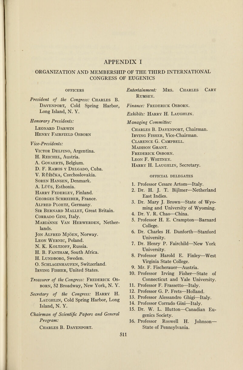 APPENDIX I ORGANIZATION AND MEMBERSHIP OF THE THIRD INTERNATIONAL CONGRESS OF EUGENICS officers President of the Congress: C harles B. D avenport , Cold Spring Harbor, Long Island, N. Y. Honorary Presidents: L eonard D arwin H enry F airfield O sborn V ice-Presidents: V ictor D elfino , Argentina. H. R eichel , Austria. A. G ovaerts , Belgium. D. F. R amos y D elgado , Cuba. V. R ùzi C ka , Czechoslovakia. S oren H ansen , Denmark. A. Lüüs, Esthonia. H arry F ederley , Finland. G eorges S chreiber , France. A lfred P loetz , Germany. S ir B ernard M allet , Great Britain. C orrado G ini , Italy. M arianne V an H erwerden , Nether lands. J on A lfred M jöen , Norway. L eon W ernic , Poland. N. K. K oltzoff , Russia. H. B. F antham , South Africa. H. L undborg , Sweden. O. S chlaginhaufen , Switzerland. I rving F isher , United States. Treastirer of the Congress: F rederick O s born , 52 Broadway, New York, N. Y. Secretary of the Congress: H arry H. L aughlin , Cold Spring Harbor, Long Island, N. Y. Chairman of Scientific Papers and General Program: C harles B. D avenport. Entertainment: M rs . C harles C ary R umsey. Finance: F rederick O sborn. Exhibits: H arry H. L aughlin. Managing Committee: C harles B. D avenport , Chairman. I rving F isher , Vice-Chairman. C larence G. C ampbell. M adison G rant. F rederick O sborn. L eon F. W hitney. H arry H. L aughlin , Secretary. official delegates 1. Professor Cesare Artom—Italy. 2. Dr. H. J. T. Bijlmer—Netherland East Indies. 3. Dr. Mary J. Brown—State of Wyo ming and University of Wyoming. 4. Dr. Y. R. Chao—China. 5. Professor H. E. Crampton—Barnard College. 6. Dr. Charles H. Danforth—Stanford University. 7. Dr. Henry P. Fairchild—New York University. 8. Professor Harold E. Finley—West Virginia State College. 9. Mr. F. Fischerauer—Austria. 10. Professor Irving Fisher—State of Connecticut and Yale University. 11. Professor F. Frassetto—Italy. 12. Professor G. P. Frets—Holland. 13. Professor Alessandro Ghigi—Italy. 14. Professor Corrado Gini—Italy. 15. Dr. W. L. Hutton—Canadian Eu genics Society. 16. Professor Roswell H. Johnson- State of Pennsylvania.