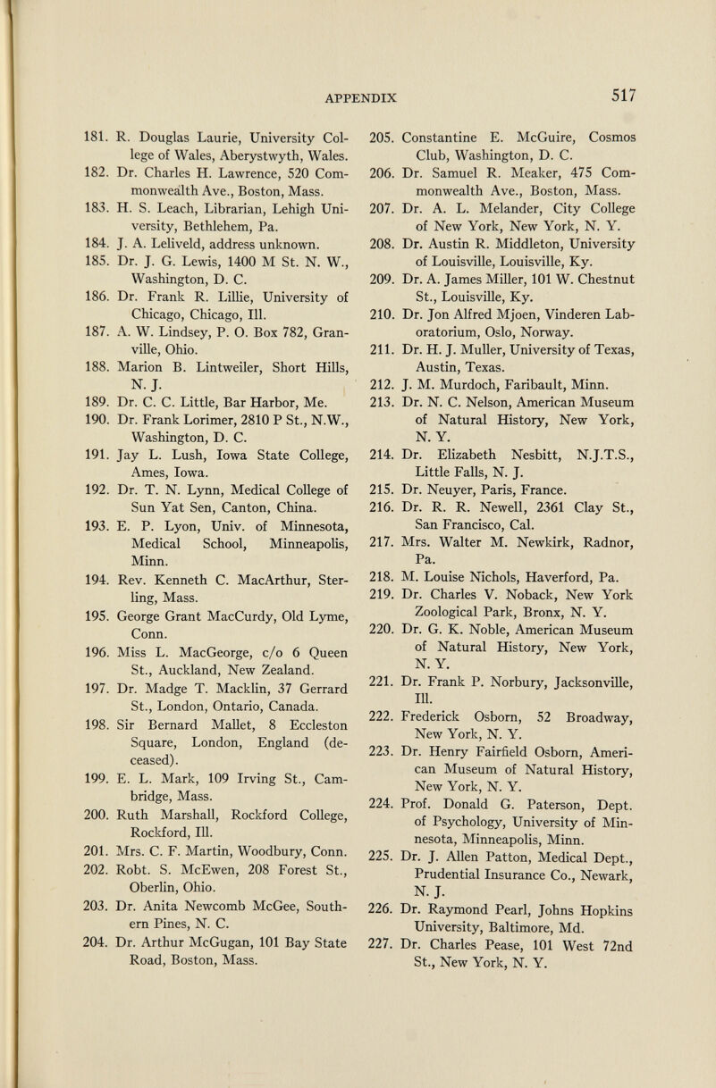 181. R. Douglas Laurie, University Col lege of Wales, Aberystwyth, Wales. 182. Dr. Charles H. Lawrence, 520 Com monwealth Ave., Boston, Mass. 183. H. S. Leach, Librarian, Lehigh Uni versity, Bethlehem, Pa. 184. J. A. Leliveld, address unknown. 185. Dr. J. G. Lewis, 1400 M St. N. W., Washington, D. C. 186. Dr. Frank R. Lillie, University of Chicago, Chicago, 111. 187. A. W. Lindsey, P. O. Box 782, Gran ville, Ohio. 188. Marion B. Lintweiler, Short Hills, N. J. 189. Dr. C. C. Little, Bar Harbor, Me. 190. Dr. Frank Lorimer, 2810 P St., N.W., Washington, D. C. 191. Jay L. Lush, Iowa State College, Ames, Iowa. 192. Dr. T. N. Lynn, Medical College of Sun Yat Sen, Canton, China. 193. E. P. Lyon, Univ. of Minnesota, Medical School, Minneapolis, Minn. 194. Rev. Kenneth C. MacArthur, Ster ling, Mass. 195. George Grant MacCurdy, Old Lyme, Conn. 196. Miss L. MacGeorge, c/o 6 Queen St., Auckland, New Zealand. 197. Dr. Madge T. Macklin, 37 Gerrard St., London, Ontario, Canada. 198. Sir Bernard Mallet, 8 Eccleston Square, London, England (de ceased) . 199. E. L. Mark, 109 Irving St., Cam bridge, Mass. 200. Ruth Marshall, Rockford College, Rockford, 111. 201. Mrs. C. F. Martin, Woodbury, Conn. 202. Robt. S. McEwen, 208 Forest St., Oberlin, Ohio. 203. Dr. Anita Newcomb McGee, South ern Pines, N. C. 204. Dr. Arthur McGugan, 101 Bay State Road, Boston, Mass. 205. Constantine E. McGuire, Cosmos Club, Washington, D. C. 206. Dr. Samuel R. Meaker, 475 Com monwealth Ave., Boston, Mass. 207. Dr. A. L. Melander, City College of New York, New York, N. Y. 208. Dr. Austin R. Middleton, University of Louisville, Louisville, Ky. 209. Dr. A. James Miller, 101 W. Chestnut St., Louisville, Ky. 210. Dr. Jon Alfred Mjoen, Vinderen Lab oratorium, Oslo, Norway. 211. Dr. H. J. Muller, University of Texas, Austin, Texas. 212. J. M. Murdoch, Faribault, Minn. 213. Dr. N. C. Nelson, American Museum of Natural History, New York, N. Y. 214. Dr. Elizabeth Nesbitt, N.J.T.S., Little Falls, N. J. 215. Dr. Neuyer, Paris, France. 216. Dr. R. R. Newell, 2361 Clay St., San Francisco, Cal. 217. Mrs. Walter M. Newkirk, Radnor, Pa. 218. M. Louise Nichols, Haverford, Pa. 219. Dr. Charles V. Noback, New York Zoological Park, Bronx, N. Y. 220. Dr. G. K. Noble, American Museum of Natural History, New York, N. Y. 221. Dr. Frank P. Norbury, Jacksonville, 111. 222. Frederick Osborn, 52 Broadway, New York, N. Y. 223. Dr. Henry Fairfield Osborn, Ameri can Museum of Natural History, New York, N. Y. 224. Prof. Donald G. Paterson, Dept. of Psychology, University of Min nesota, Minneapolis, Minn. 225. Dr. J. Allen Patton, Medical Dept., Prudential Insurance Co., Newark, N. J. 226. Dr. Raymond Pearl, Johns Hopkins University, Baltimore, Md. 227. Dr. Charles Pease, 101 West 72nd St., New York, N. Y.