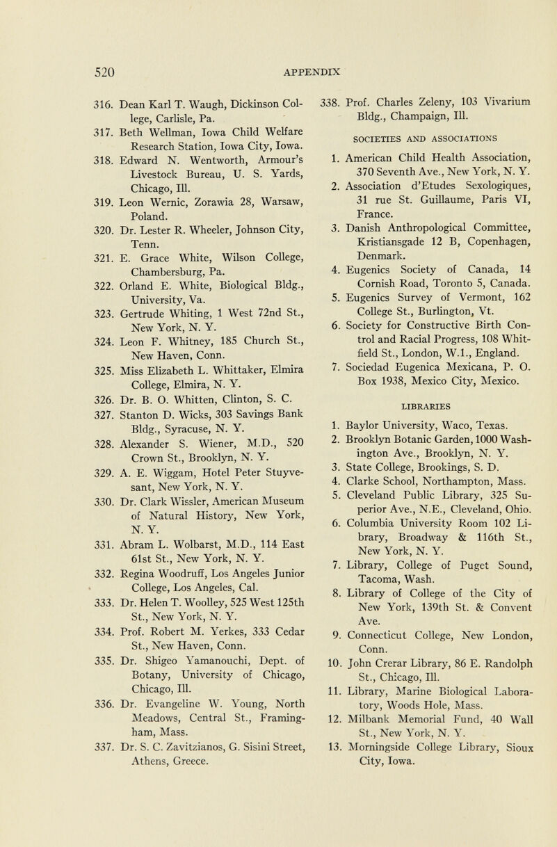 316. Dean Karl T. Waugh, Dickinson Col lege, Carlisle, Pa. 317. Beth Wellman, Iowa Child Welfare Research Station, Iowa City, Iowa. 318. Edward N. Wentworth, Armour's Livestock Bureau, U. S. Yards, Chicago, 111. 319. Leon Wernic, Zorawia 28, Warsaw, Poland. 320. Dr. Lester R. Wheeler, Johnson City, Tenn. 321. E. Grace White, Wilson College, Chambersburg, Pa. 322. Orland E. White, Biological Bldg., University, Va. 323. Gertrude Whiting, 1 West 72nd St., New York, N. Y. 324. Leon F. Whitney, 185 Church St., New Haven, Conn. 325. Miss Elizabeth L. Whittaker, Elmira College, Elmira, N. Y. 326. Dr. B. O. Whitten, Clinton, S. C. 327. Stanton D. Wicks, 303 Savings Bank Bldg., Syracuse, N. Y. 328. Alexander S. Wiener, M.D., 520 Crown St., Brooklyn, N. Y. 329. A. E. Wiggam, Hotel Peter Stuyve- sant, New York, N. Y. 330. Dr. Clark Wissler, American Museum of Natural History, New York, N. Y. 331. Abram L. Wolbarst, M.D., 114 East 61st St., New York, N. Y. 332. Regina Woodruff, Los Angeles Junior College, Los Angeles, Cal. 333. Dr. Helen T. Woolley, 525 West 125th St., New York, N. Y. 334. Prof. Robert M. Yerkes, 333 Cedar St., New Haven, Conn. 335. Dr. Shigeo Yamanouchi, Dept. of Botany, University of Chicago, Chicago, 111. 336. Dr. Evangeline W. Young, North Meadows, Central St., Framing- ham, Mass. 337. Dr. S. C. Zavitzianos, G. Sisini Street, Athens, Greece. 338. Prof. Charles Zeleny, 103 Vivarium Bldg., Champaign, 111. societies and associations 1. American Child Health Association, 370 Seventh Ave., New York, N. Y. 2. Association d'Etudes Sexologiques, 31 rue St. Guillaume, Paris VI, France. 3. Danish Anthropological Committee, Kristiansgade 12 B, Copenhagen, Denmark. 4. Eugenics Society of Canada, 14 Cornish Road, Toronto 5, Canada. 5. Eugenics Survey of Vermont, 162 College St., Burlington, Vt. 6. Society for Constructive Birth Con trol and Racial Progress, 108 Whit field St., London, W.I., England. 7. Sociedad Eugenica Mexicana, P. O. Box 1938, Mexico City, Mexico. libraries 1. Baylor University, Waco, Texas. 2. Brooklyn Botanic Garden, 1000 Wash ington Ave., Brooklyn, N. Y. 3. State College, Brookings, S. D. 4. Clarke School, Northampton, Mass. 5. Cleveland Public Library, 325 Su perior Ave., N.E., Cleveland, Ohio. 6. Columbia University Room 102 Li brary, Broadway & 116th St., New York, N. Y. 7. Library, College of Puget Sound, Tacoma, Wash. 8. Library of College of the City of New York, 139th St. & Convent Ave. 9. Connecticut College, New London, Conn. 10. John Crerar Library, 86 E. Randolph St., Chicago, 111. 11. Library, Marine Biological Labora tory, Woods Hole, Mass. 12. Milbank Memorial Fund, 40 Wall St., New York, N. Y. 13. Morningside College Library, Sioux City, Iowa.