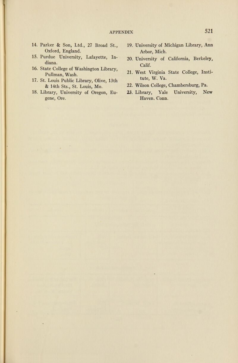 14. Parker & Son, Ltd., 27 Broad St., Oxford, England. 15. Purdue University, Lafayette, In diana. 16. State College of Washington Library, Pullman, Wash. 17. St. Louis Public Library, Olive, 13th & 14th Sts., St. Louis, Mo. 18. Library, University of Oregon, Eu gene, Ore. 19. University of Michigan Library, Ann Arbor, Mich. 20. University of California, Berkeley, Calif. 21. West Virginia State College, Insti tute, W. Va. 22. Wilson College, Chambersburg, Pa. 23. Library, Yale University, New Haven. Conn.
