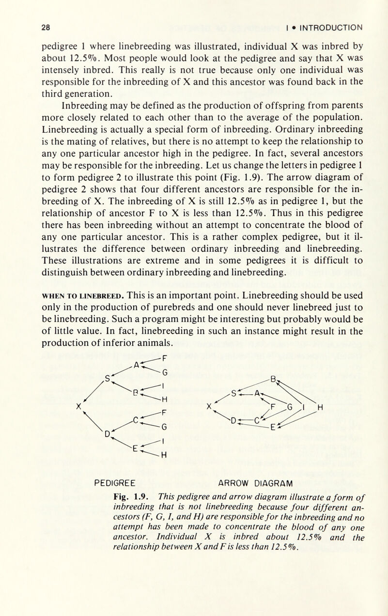 28 I • INTRODUCTION pedigree 1 where linebreeding was illustrated, individual X was inbred by about 12.5%. Most people would look at the pedigree and say that X was intensely inbred. This really is not true because only one individual was responsible for the inbreeding of X and this ancestor was found back in the third generation. Inbreeding may be defined as the production of offspring from parents more closely related to each other than to the average of the population. Linebreeding is actually a special form of inbreeding. Ordinary inbreeding is the mating of relatives, but there is no attempt to keep the relationship to any one particular ancestor high in the pedigree. In fact, several ancestors may be responsible for the inbreeding. Let us change the letters in pedigree 1 to form pedigree 2 to illustrate this point (Fig. 1.9). The arrow diagram of pedigree 2 shows that four different ancestors are responsible for the in¬ breeding of X. The inbreeding of X is still 12.5% as in pedigree 1, but the relationship of ancestor F to X is less than 12.5%. Thus in this pedigree there has been inbreeding without an attempt to concentrate the blood of any one particular ancestor. This is a rather complex pedigree, but it il¬ lustrates the difference between ordinary inbreeding and linebreeding. These illustrations are extreme and in some pedigrees it is difficult to distinguish between ordinary inbreeding and linebreeding. WHEN TO LiNEBREED. This is ап important point. Linebreeding should be used only in the production of purebreds and one should never linebreed just to be linebreeding. Such a program might be interesting but probably would be of little value. In fact, linebreeding in such an instance might result in the production of inferior animals. / X PEDIGREE ARROW DIAGRAM Fig. 1.9. This pedigree and arrow diagram illustrate a form of inbreeding that is not linebreeding because four different an¬ cestors (F, G, I, and H) are responsible for the inbreeding and no attempt has been made to concentrate the blood of any one ancestor. Individual X is inbred about 12.5% and the relationship between X and F is less than 12.5 %.