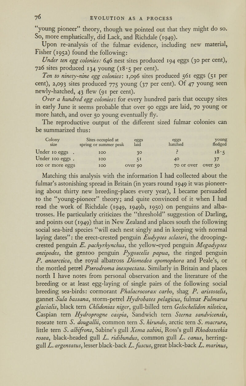 young pioneer theory, though we pointed out that they might do so. So, more emphatically, did Lack, and Richdale (1949). Upon re-analysis of the fulmar evidence, including new material, Fisher (1952) found the following: Under ten egg colonies: 646 nest sites produced 194 eggs (30 per cent), 726 sites produced 134 young (18-5 per cent). Ten to ninety-nine egg colonies'. 1 ,096 sites produced 561 eggs (51 per cent), 2,093 sites produced 775 young (37 per cent). Of 47 young seen newly-hatched, 43 flew (91 per cent). Over a hundred egg colonies : for every hundred paris that occupy sites in early June it seems probable that over 90 eggs are laid, 70 young or more hatch, and over 50 young eventually fly. The reproductive output of the different sized fulmar colonies can be summarized thus: Colony size Under 10 eggs . Under 100 eggs . 100 or more eggs Sites occupied at spring or summer peak IOO 100 100 eggs laid 30 5 1 over 90 hatched ? young fledged iB-5 40 37 70 or over over 50 Matching this analysis with the information I had collected about the fulmar's astonishing spread in Britain (in years round 1949 it was pioneer ing about thirty new breeding-places every year), I became persuaded to the young-pioneer theory; and quite convinced of it when I had read the work of Richdale (1949, 1949b, 1950) on penguins and alba trosses. He particularly criticizes the threshold suggestion of Darling, and points out (1949) that in New Zealand and places south the following social sea-bird species will each nest singly and in keeping with normal laying dates: the erect-crested penguin Eudyptes sclateri, the drooping- crested penguin E. pachyrhynchus , the yellow-eyed penguin Megadyptes antipodes , the gentoo penguin Pygoscelis papua , the ringed penguin P. antárctica , the royal albatross Diomedea epomophora and Peale's, or the mottled petrel Pterodroma inexpectata. Similarly in Britain and places north I have notes from personal observation and the literature of the breeding or at least egg-laying of single pairs of the following social breeding sea-birds: cormorant Phalacrocorax carbo , shag P. aristotelis, gannet Sula hassana , storm-petrel Hydrohates pelagicus , fulmar Fulmarus glacialis , black tern Chlidonias niger , gull-billed tern Gelochelidon nilotica, Caspian tern Hydroprogne caspia , Sandwich tern Sterna sandvicensis, roseate tern S. dougallii , common tern S. hirundo , arctic tern S. macrura, little tern S. albifrons , Sabine's gull Xema sabini , Ross's gull Rhodostethia rosea , black-headed gull L. ridibundus , common gull L. canus , herring- gull L. argentatus , lesser black-back L.fuscus , great black-back L. marinus,