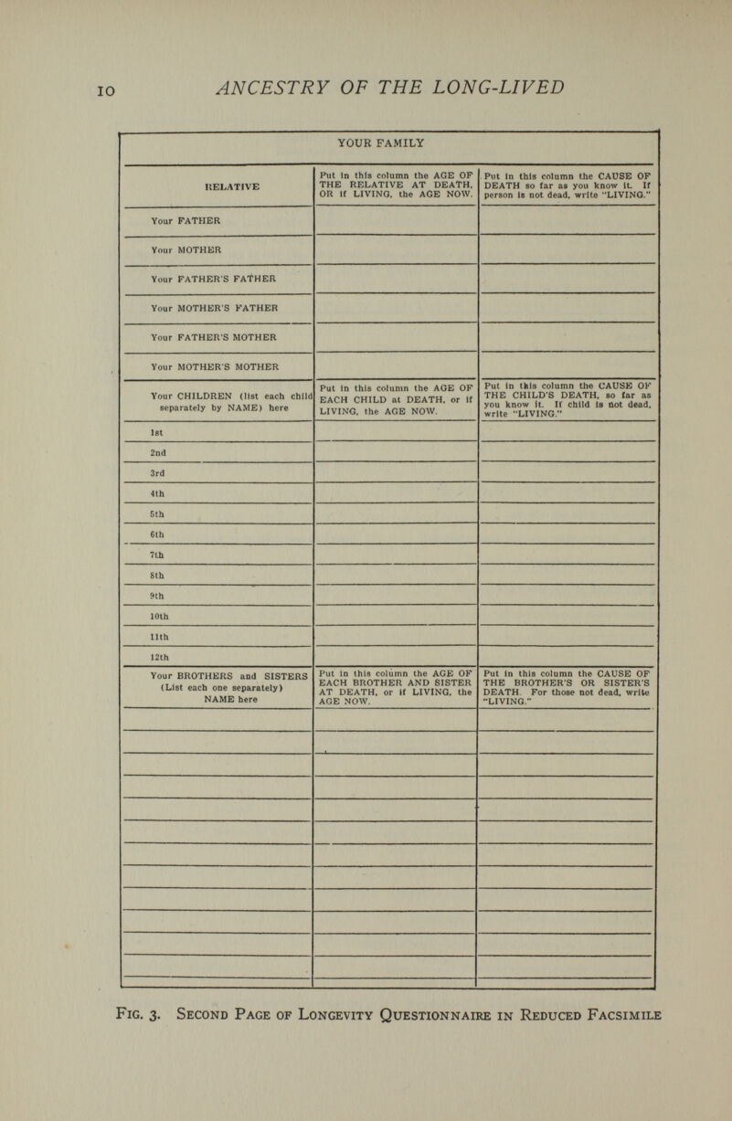 IO ANCESTRY OF THE LONG-LIVED ♦ Fig. 3. Second Page of Longevity Questionnaire in Reduced Facsimile