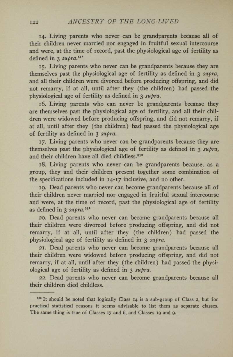 ANCESTRY OF THE LONG-LIVED 14. Living parents who never can be grandparents because all of their children never married nor engaged in fruitful sexual intercourse and were, at the time of record, past the physiological age of fertility as defined in 3 supra.^^' 15. Living parents who never can be grandparents because they are themselves past the physiological age of fertility as defined in 3 supra, and all their children were divorced before producing offspring, and did not remarry, if at all, until after they (the children) had passed the physiological age of fertility as defined in 3 supra. 16. Living parents who can never be grandparents because they are themselves past the physiological age of fertility, and all their chil¬ dren were widowed before producing offspring, and did not remarry, if at all, until after they (the children) had passed the physiological age of fertility as defined in 3 supra. 17. Living parents who never can be grandparents because they are themselves past the physiological age of fertility as defined in 3 supra, and their children have all died childless.®^ 18. Living parents who never can be grandparents because, as a group, they and their children present together some combination of the specifications included in 14-17 inclusive, and no other. 19. Dead parents who never can become grandparents because all of their children never married nor engaged in fruitful sexual intercourse and were, at the time of record, past the physiological age of fertility as defined in 3 supra.^^^ 20. Dead parents who never can become grandparents because all their children were divorced before producing offspring, and did not remarry, if at all, until after they (the children) had passed the physiological age of fertility as defined in 3 supra. 21. Dead parents who never can become grandparents because all their children were widowed before producing offspring, and did not remarry, if at all, until after they (the children) had passed the physi¬ ological age of fertility as defined in 3 supra. 22. Dead parents who never can become grandparents because all their children died childless. It should be noted that logically Class 14 is a sub-group of Class 2, but for practical statistical reasons it seems advisable to list them as separate classes. The same thing is true of Classes 17 and 6, and Classes 19 and 9.