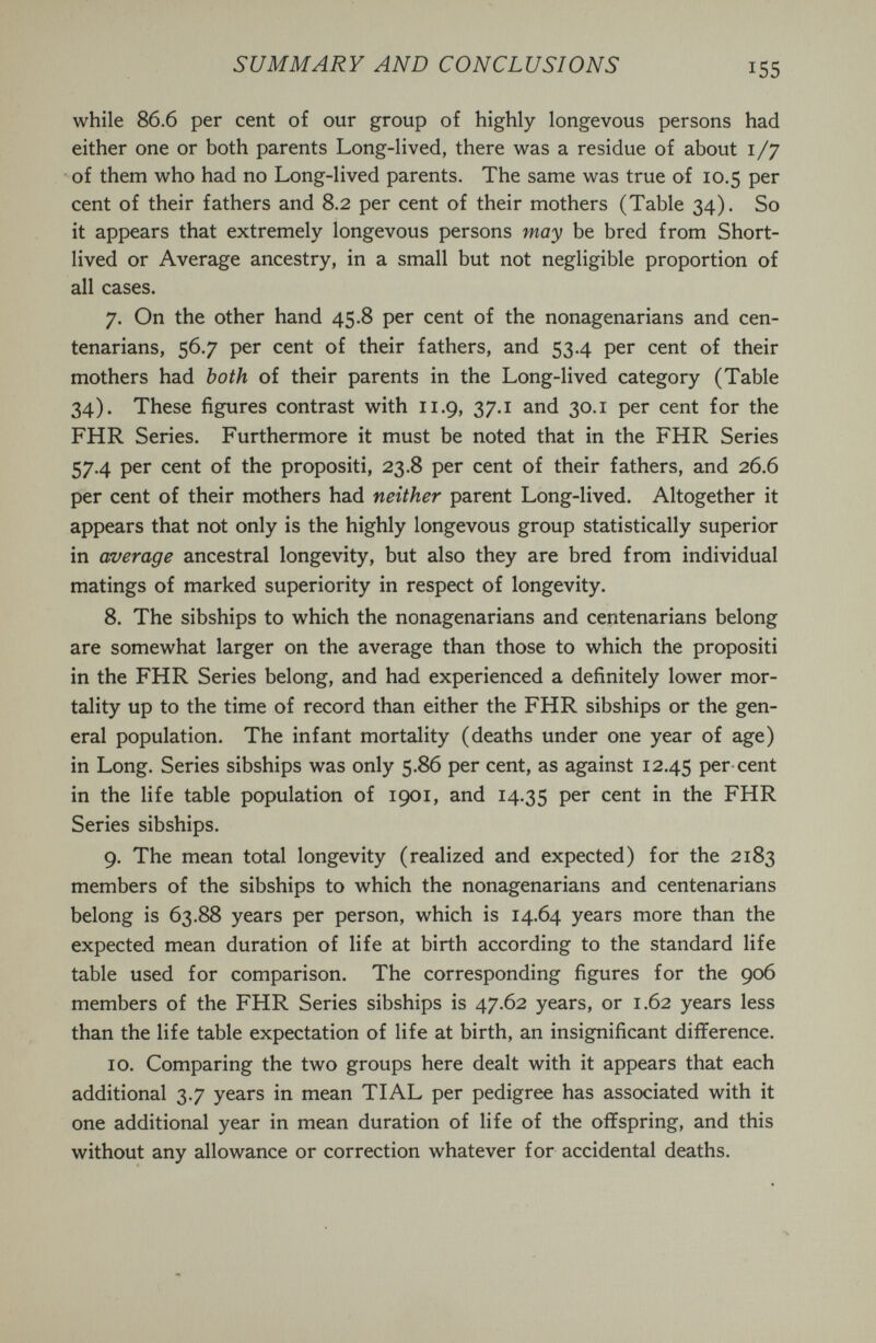 SUMMARY AND CONCLUSIONS 155 while 86.6 per cent of our group of highly longevous persons had either one or both parents Long-lived, there was a residue of about i/7 of them who had no Long-lived parents. The same was true of 10.5 per cent of their fathers and 8.2 per cent of their mothers (Table 34). So it appears that extremely longevous persons may be bred from Short¬ lived or Average ancestry, in a small but not negligible proportion of all cases. 7. On the other hand 45.8 per cent of the nonagenarians and cen¬ tenarians, 56.7 per cent of their fathers, and 53.4 per cent of their mothers had both of their parents in the Long-lived category (Table 34). These figures contrast with 11.9, 37.1 and 30.1 per cent for the FHR Series. Furthermore it must be noted that in the FHR Series 57.4 per cent of the propositi, 23.8 per cent of their fathers, and 26.6 per cent of their mothers had neither parent Long-lived. Altogether it appears that not only is the highly longevous group statistically superior in average ancestral longevity, but also they are bred from individual matings of marked superiority in respect of longevity. 8. The sibships to which the nonagenarians and centenarians belong are somewhat larger on the average than those to which the propositi in the FHR Series belong, and had experienced a definitely lower mor¬ tality up to the time of record than either the FHR sibships or the gen¬ eral population. The infant mortality (deaths under one year of age) in Long. Series sibships was only 5.86 per cent, as against 12.45 per cent in the life table population of 1901, and 14.35 P^r cent in the FHR Series sibships. 9. The mean total longevity (realized and expected) for the 2183 members of the sibships to which the nonagenarians and centenarians belong is 63.88 years per person, which is 14.64 years more than the expected mean duration of life at birth according to the standard life table used for comparison. The corresponding figures for the 906 members of the FHR Series sibships is 47.62 years, or 1.62 years less than the life table expectation of life at birth, an insignificant difference. 10. Comparing the two groups here dealt with it appears that each additional 3.7 years in mean TIAL per pedigree has associated with it one additional year in mean duration of life of the offspring, and this without any allowance or correction whatever for accidental deaths.