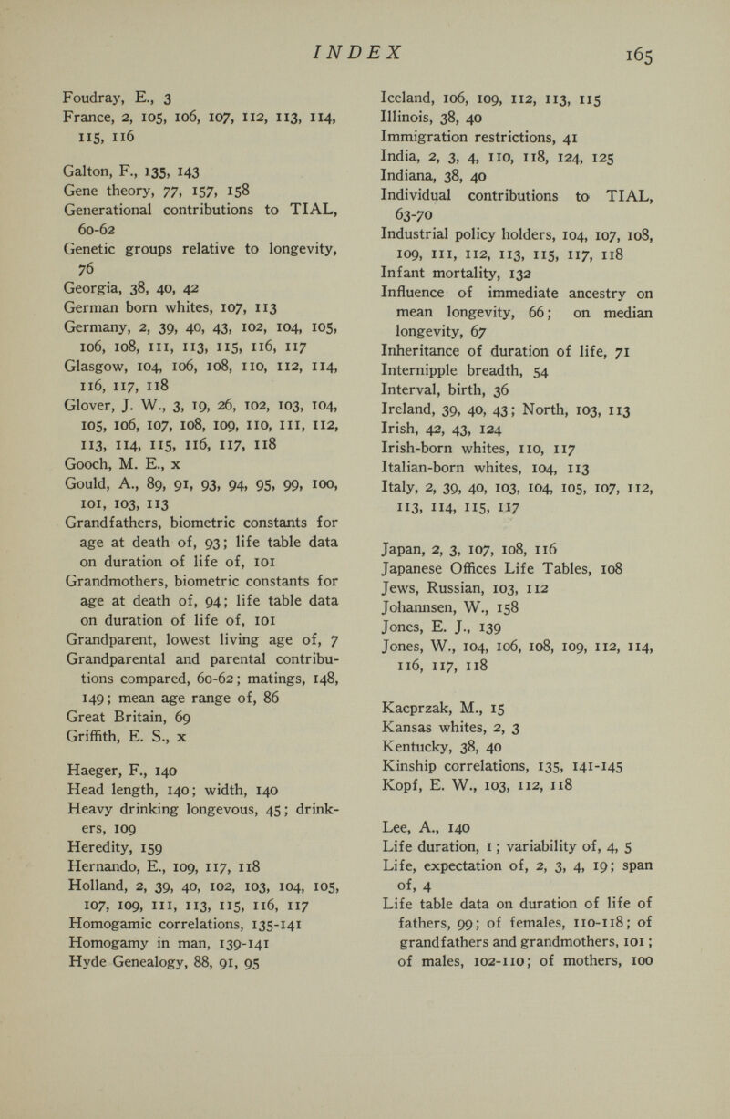 INDEX Foudray, е., з France, 2, 105, 106, 107, 112, 113, 114, 115, 116 Galton, F., 135, 143 Gene theory, 77, 157, 158 Generational contributions to TIAL, 60-62 Genetic groups relative to longevity, 76 Georgia, 38, 40, 42 German born whites, 107, 113 Germany, 2, 39, 40, 43, 102, 104, 105, 106, 108, iii, 113, iis, 116, 117 Glasgow, 104, 106, 108, no, 112, 114, 116, 117, 118 Glover, J. W., 3, 19, 26, 102, 103, 104, ics, 106, 107, 108, 109, no. iii, 112, 113, 114, 115, 116, 117, 118 Gooch, M. E., X Gould, A., 89, 91, 93, 94, 95, 99, 100, loi, 103, 113 Grandfathers, biometrie constants for age at death of, 93; life table data on duration of life of, loi Grandmothers, biometrie constants for age at death of, 94; life table data on duration of life of, loi Grandparent, lowest living age of, 7 Grandparental and parental contribu¬ tions compared, 60-62 ; matings, 148, 149; mean age range of, 86 Great Britain, 69 Griffith, E. S., X Haeger, F., 140 Head length, 140; width, 140 Heavy drinking longevous, 45 ; drink¬ ers, 109 Heredity, 159 Hernando, E., 109, 117, 118 Holland, 2, 39, 40, 102, 103, 104, 105, 107, 109, iii, 113, 115, 116, 117 Homogamic correlations, 135-141 Homogamy in man, 139-141 Hyde Genealogy, 88, 91, 95 Iceland, 106, 109, 112, 113, 115 Illinois, 38, 40 Immigration restrictions, 41 India, 2, 3, 4, no, 118, 124, 125 Indiana, 38, 40 Individual contributions to TIAL, 63-70 Industrial policy holders, 104, 107, 108, 109, iii, 112, 113, iis, 117, 118 Infant mortality, 132 Influence of immediate ancestry on mean longevity, 66 ; on median longevity, 67 Inheritance of duration of life, 71 Internipple breadth, S4 Interval, birth, 36 Ireland, 39, 40, 43; North, 103, 113 Irish, 42, 43, 124 Irish-born whites, no, 117 Italian-born whites, 104, 113 Italy, 2, 39, 40, 103, 104, ios, 107, 112, 113, 114, IIS, 117 Japan, 2, 3, 107, 108, 116 Japanese Offices Life Tables, 108 Jews, Russian, 103, 112 Johannsen, W., 158 Jones, E. J., 139 Jones, W., 104, 106, 108, 109, 112, 114, 116, 117, 118 Kacprzak, M., 15 Kansas whites, 2, 3 Kentucky, 38, 40 Kinship correlations, 135, 141-145 Kopf, E. W., 103, 112, 118 Lee, A., 140 Life duration, i ; variability of, 4, S Life, expectation of, 2, 3, 4, 19; span of, 4 Life table data on duration of life of fathers, 99; of females, 110-118; of grandfathers and grandmothers, loi ; of males, 102-110; of mothers, 100