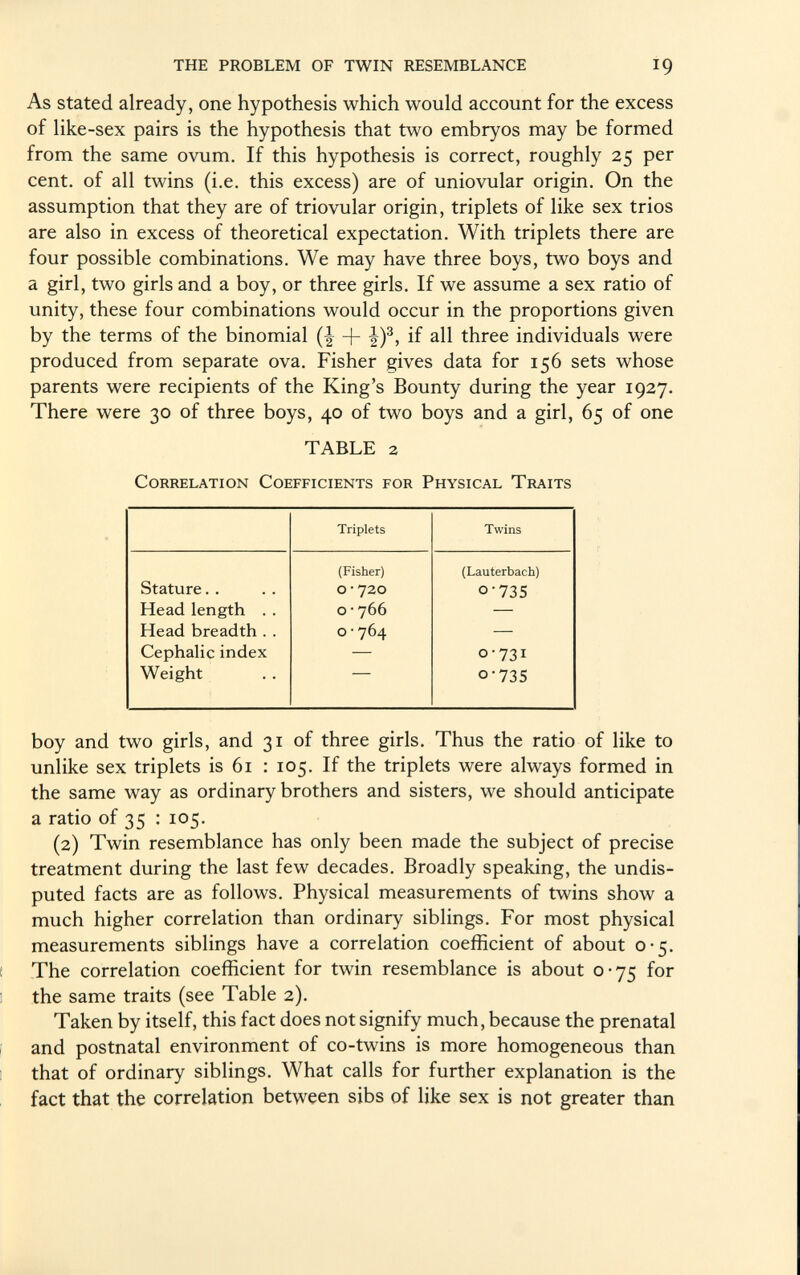 As stated already, one hypothesis which would account for the excess of like-sex pairs is the hypothesis that two embryos may be formed from the same ovum. If this hypothesis is correct, roughly 25 per cent, of all twins (i.e. this excess) are of uniovular origin. On the assumption that they are of triovular origin, triplets of like sex trios are also in excess of theoretical expectation. With triplets there are four possible combinations. We may have three boys, two boys and a girl, two girls and a boy, or three girls. If we assume a sex ratio of unity, these four combinations would occur in the proportions given by the terms of the binomial -f- |) 3 , if all three individuals were produced from separate ova. Fisher gives data for 156 sets whose parents were recipients of the King's Bounty during the year 1927. There were 30 of three boys, 40 of two boys and a girl, 65 of one TABLE 2 Correlation Coefficients for Physical Traits Triplets Twins (Fisher) (Lauterbach) Stature O ' 720 0 ' 735 Head length . . O ■ 766 — Head breadth . . 0-764 — Cephalic index 0-731 Weight °'73S boy and two girls, and 31 of three girls. Thus the ratio of like to unlike sex triplets is 61 : 105. If the triplets were always formed in the same way as ordinary brothers and sisters, we should anticipate a ratio of 35 : 105. (2) Twin resemblance has only been made the subject of precise treatment during the last few decades. Broadly speaking, the undis puted facts are as follows. Physical measurements of twins show a much higher correlation than ordinary siblings. For most physical measurements siblings have a correlation coefficient of about 0-5. The correlation coefficient for twin resemblance is about 0-75 for the same traits (see Table 2). Taken by itself, this fact does not signify much, because the prenatal and postnatal environment of co-twins is more homogeneous than that of ordinary siblings. What calls for further explanation is the fact that the correlation between sibs of like sex is not greater than