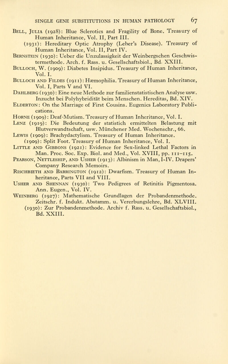 Bell, Julia (1928): Blue Sclerotics and Fragility of Bone. Treasury of Human Inheritance, Vol. II, Part III. (1931): Hereditary Optic Atrophy (Leber's Disease). Treasury of Human Inheritance, Vol. II, Part IV. Bernstein (1930): Ueber die Unzulassigkeit der Weinbergschen Geschwis termethode. Arch. f. Rass. u. Gesellschaftsbiol., Bd. XXIII. Bulloch, W. (1909): Diabetes Insipidus. Treasury of Human Inheritance, Vol. I. Bulloch and Fildes (1911) : Hagmophilia. Treasury of Human Inheritance, Vol. I, Parts V and VI. Dahlberg (1930) : Eine neue Methode zur familienstatistischen Analyse usw. Inzucht bei Polyhybridität beim Menschen. Hereditas, Bd. XIV. Elderton: On the Marriage of First Cousins. Eugenics Laboratory Publi cations. Horne (1909) : Deaf-Mutism. Treasury of Human Inheritance, Vol. I. Lenz (1919): Die Bedeutung der statistich ermittelten Belastung mit Blutverwandtschaft, usw. Münchener Med. Wochenschr., 66. Lewis (1909): Brachydactylism. Treasury of Human Inheritance. (1909): Split Foot. Treasury of Human Inheritance, Vol. I. Little and Gibbons (1921): Evidence for Sex-linked Lethal Factors in Man. Proc. Soc. Exp. Biol, and Med., Vol. XVIII, pp. 111 -115. Pearson, Nettleship, and Usher (1913) : Albinism in Man,I-IV. Drapers' Company Research Memoirs. Rischbieth and Barrington (19 i 2): Dwarfism. Treasury of Fluman In heritance, Parts VII and VIII. Usher and Shennan (1930): Two Pedigrees of Retinitis Pigmentosa. Ann. Eugen., Vol. IV. Weinberg (1927): Mathematische Grundlagen der Probandenmethode. Zeitschr. f. Indukt. Abstamm. u. Vererbungslehre, Bd. XLVIII. (1930): Zur Probandenmethode. Archiv f. Rass. u. Gesellschaftsbiol., Bd. XXIII.