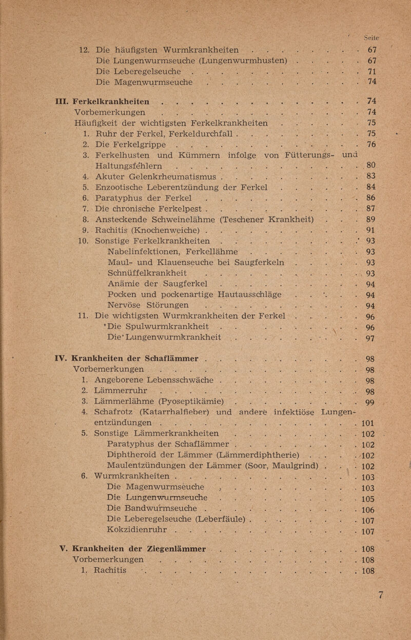 12. Die häufigsten Wurmkrankheiten . . .■ . ■ f ■ . - • 67 Die Lungenwurmseuche (Lungenwurmhusten) , . . 67 Die Leberegelseuфe . . . . . • - • • • • • , 71 Die Magenwurmseuche . ' . . . . . . . . . . 74 III. Ferkelkrankheiten . . . . ^ . . . . . • • • ' 74 Vorbemerkungen . . . . . . . . . • • • • • 74 Häufigkeit der wichtigsten Ferkelkrankheiten . v . . , ~ • 75 1. Ruhr der Ferkel, Ferkeldurchfall . . . 75 2. Die Ferkelgrippe .  76 3. Ferkelhusten und Kümmern infolge von Fütterungs- und Haltungsfe'hlern 4. Akuter Gelenkrheumatismus 5. Enzootische Leberentzündung 6. Paratyphus der Ferkel 7. Die chronische Ferkelpest . 9. Rachitis (Knochenweiche) . 10. Sonstige Ferkelkrankheiten . ... . . . . . . .80 . . ; . . . , . . 83 der, Ferkel . . ; x . , . ' . 84 ' . ■. ■^86 . . . . : . . . 87 8. Ansteckende Schweinelähme (Teschenef Krankheit) . . . 89 91 93 Nabelinfektionen, Ferkellähme . . . . ... . -. 93 Maul- und Klauenseuche bei Saugferkeln . . . . • . 93 ■ Schnüffelkrankheit . . . . . . \ ¿ ' , 93 Anämie der Saugferkel . . ... . . . . . 94 Pocken und pockenartige Hautausschläge . . . . ' . 94 Nervöse Störungen . . . . . . . ■ . . . -94 11. Die wichtigsten Wurmkrankheiten der Ferkel . . . . 96 Die Spulwurmkrankheit . . . . . . . ^ . -96 Die'Lungenwurmkrankheit . ■ . . . . . • . . . 97 IV. Krankheiten der Schaflämmer . . . . /. . . . 98 Vorbemerkungen . . . . . . . ■. . . . ... 98 1. Angeborene Lebensschwäфe . , . . . . ; . . . - 98 2. Lämmerruhr . . . . . . . . . , . . ' . .. 98 3. Lämmerlähme (Pyoseptikämie) . . . .. . . . ; . 99 4. Schafrotz (Katarrhalfieber) und anderë infektiöse Lungen¬ entzündungen . . . . . . . .... . . . 101 5. Sonstige Lämmerkrankheiten . . . , . . . . ; . 102 Paratyphus der Schaflämmer '. . . . . . . 102 Diphtheroid der Lämmer (Lämmerdiphtherie) . . . . ./102 Maulentzündungen der Lämmer (Soor, Maulgrind) . : > ! 102 6. Wurmkrankheiten . . .   . . . 103 Die Magenwurmsèuche , . . . . . . V . . 103 Die Lungenwurmseuche . . . . . . : . . 105 Die Bandwurmseuche . . . . .■ . . . ; . . . юб Die Leberegelseuche (Leberfäule) . . .. . . . . . 107 Kokzidienruhr  .- . ... . 107 V. Krankheiten der Ziegenlämmer Vorbemerkungen 1. Rachitis ■. . . . 108 108 108