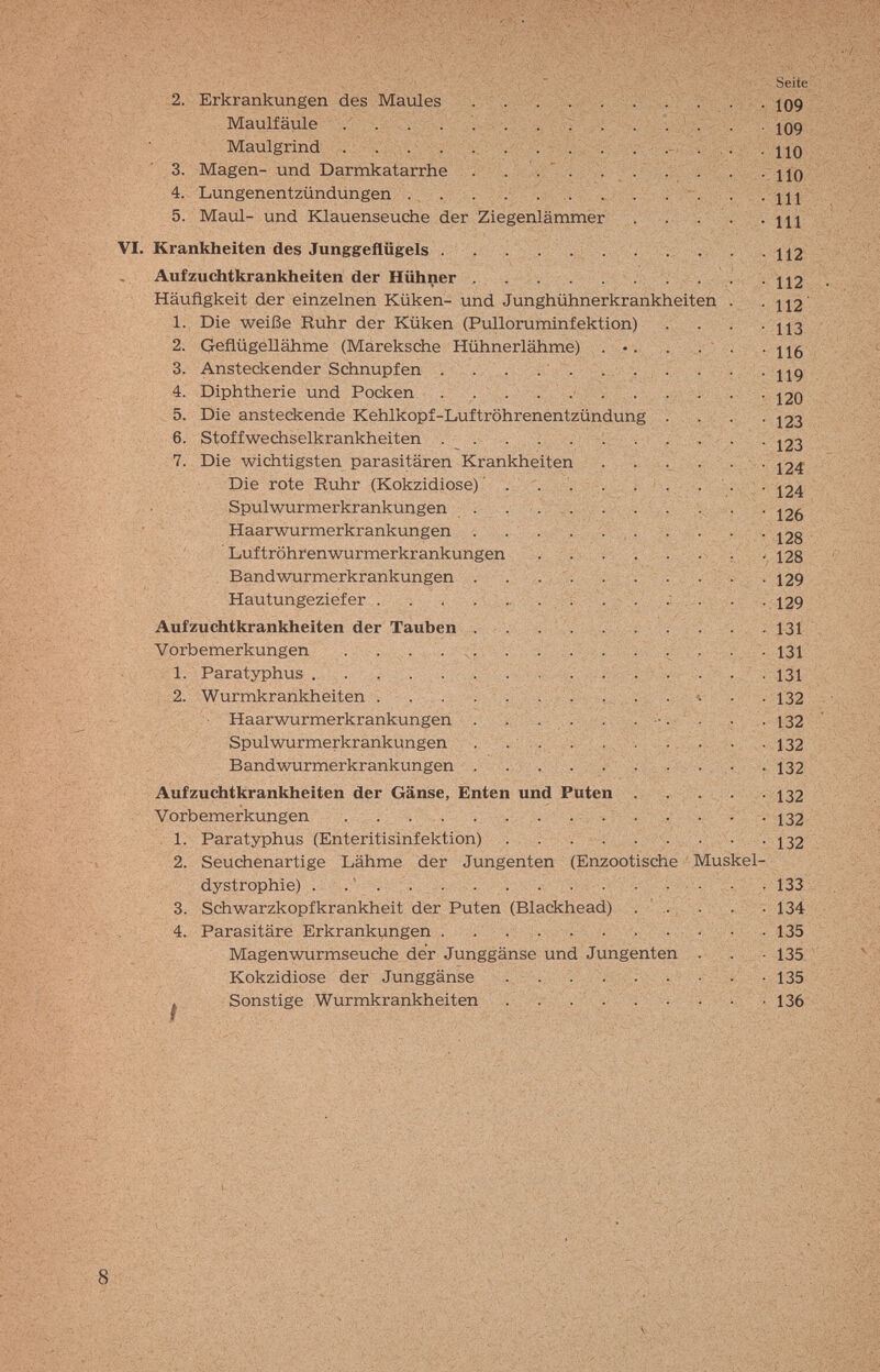 2. Erkrankungen des Maules 109 Maulfäule i . : . : . . . . . 109 Maulgrind . . . . 110 3. Magen- und Darmkatarrhe . . . ' . . . . . . -110 4. Lungenentzündungen . . . . . .. . . .. . . .щ 5. Maul- und ЮаиепзеисЬе der Ziegenlämmer . . . . . щ VI. Krankheiten des Junggeflügels . . . . . . . . . -112 Aufzuchtkrankheiten der Hühner . . . • ■ • 112 Häufigkeit der einzelnen Küken- und Junghühnerkrankheiten .1 \\2 1. Die weiße Ruhr der Küken (Pulloruminfektion) . . . • цз 2. Geflügellähme (Mareksche Hühnerlähme) . ♦. • т ■ 116 3. Ansteckender Schnupfen . . . . . . . . . . . цд 4. Diphtherie und Pocken . . . . . . . . ; . . j20 5. Die ansteckende Kehlkopf-Luftröhrenentzündung ... . 123 6. Stoffwechselkrankheiten  . . .% . .123 7. Die wichtigsten parasitären Krankheiten . . .. . . • . j24 Die rote Ruhr (Kokzidiose) . . . . . ' . . . -124 Spulwurmerkrankungen . . . .. . .. . . .. -126 Haarwurmerkrankungen . . . . . , . . '. . ' • 123 Luftröhr en Wurmerkrankungen . . . , : . .ч . - 128 Band Wurmerkrankungen . . . . . . . . . . 129 Hautungeziefer . . . . .. . ; . - . .. .. . . -129 Aufzuchtkrankheiten der Tauben . . . . . . . . 131 Vorbemerkungen . ... . . ,. . : . . ... 131 1. Paratyphus . . . . ... , . .. . . . . .131 2. Wurmkrankheiten . ... . ■ . . . - . . . . ^ . . 132 Haarwurmerkrankungen . *; . _ . ' . . .. 132 Spul Wurmerkrankungen 132 Bandwurmerkrankungen . . . . ... . . . . 132 Aufzuchtkrankheiten der Gänse, Enten und Puten . . . . -132 Vorbemerkungen  . . . 132 . 1. Paratyphus (Enteritisinfektion) . . . . . . . ; . . 132 2. Seuchenartige Lähme der Jungenten (Enzootische ' Muskel¬ dystrophie) .   .... . 133 3. Schwarzkopfkrankheit der Puten (Blackhead) . .. . , . . 134 4. Parasitäre Erkrankungen ...... , . < д . 135 Magenwurmseuche der Junggänse und Jungenten . ; ; . 135 Kokzidiose der Junggänse . . • • • . • ^ • 135 ^ Sonstige Wurmkrankheiten . ' ■ i136