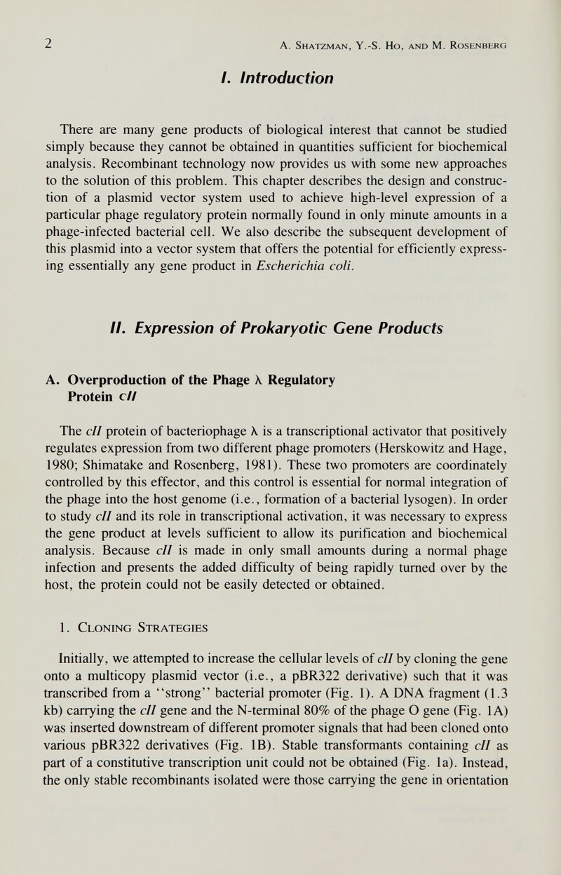 2 A. Shatzman, y.-S. Ho, and M. Rosenberg /. Introduction There are many gene products of biological interest that cannot be studied simply because they cannot be obtained in quantities sufficient for biochemical analysis. Recombinant technology now provides us with some new approaches to the solution of this problem. This chapter describes the design and construc¬ tion of a plasmid vector system used to achieve high-level expression of a particular phage regulatory protein normally found in only minute amounts in a phage-infected bacterial cell. We also describe the subsequent development of this plasmid into a vector system that offers the potential for efficiently express¬ ing essentially any gene product in Escherichia coli. II. Expression of Prokaryotic Gene Products A. Overproduction of the Phage Á. Regulatory Protein c// The cll protein of bacteriophage X is a transcriptional activator that positively regulates expression from two different phage promoters (Herskowitz and Hage, 1980; Shimatake and Rosenberg, 1981). These two promoters are coordinately controlled by this effector, and this control is essential for normal integration of the phage into the host genome (i.e., formation of a bacterial lysogen). In order to study cll and its role in transcriptional activation, it was necessary to express the gene product at levels sufficient to allow its purification and biochemical analysis. Because cll is made in only small amounts during a normal phage infection and presents the added difficulty of being rapidly turned over by the host, the protein could not be easily detected or obtained. 1. Cloning Strategies Initially, we attempted to increase the cellular levels of cll by cloning the gene onto a multicopy plasmid vector (i.e., a pBR322 derivative) such that it was transcribed from a strong bacterial promoter (Fig. 1). A DNA fragment (1.3 kb) carrying the cll gene and the N-terminal 80% of the phage О gene (Fig. lA) was inserted downstream of different promoter signals that had been cloned onto various pBR322 derivatives (Fig. IB). Stable transformants containing cll as part of a constitutive transcription unit could not be obtained (Fig. la). Instead, the only stable recombinants isolated were those carrying the gene in orientation