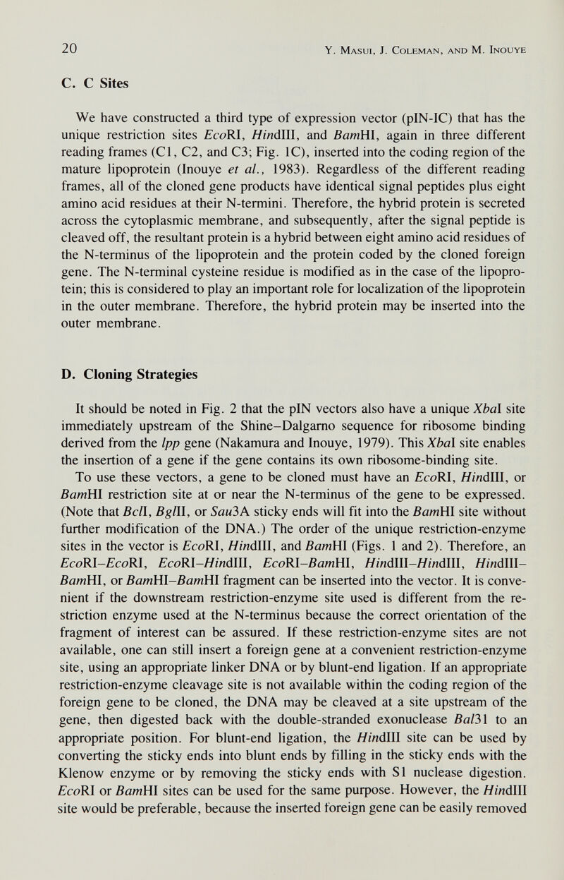 20 Y. Masui, J. Coleman, and M. Inouye C. с Sites We have constructed a third type of expression vector (pIN-IC) that has the unique restriction sites EcoRI, Hinálll, and ВатШ, again in three different reading frames (CI, C2, and C3; Fig. 1С), inserted into the coding region of the mature lipoprotein (Inouye et al., 1983). Regardless of the different reading frames, all of the cloned gene products have identical signal peptides plus eight amino acid residues at their N-termini. Therefore, the hybrid protein is secreted across the cytoplasmic membrane, and subsequently, after the signal peptide is cleaved off, the resultant protein is a hybrid between eight amino acid residues of the N-terminus of the lipoprotein and the protein coded by the cloned foreign gene. The N-terminal cysteine residue is modified as in the case of the lipopro¬ tein; this is considered to play an important role for localization of the lipoprotein in the outer membrane. Therefore, the hybrid protein may be inserted into the outer membrane. D. Cloning Strategies It should be noted in Fig. 2 that the pIN vectors also have a unique Xbal site immediately upstream of the Shine-Dalgamo sequence for ribosome binding derived from the Ipp gene (Nakamura and Inouye, 1979). This Xbal site enables the insertion of a gene if the gene contains its own ribosome-binding site. To use these vectors, a gene to be cloned must have an EcoKl, HinálW, or ВатШ restriction site at or near the N-terminus of the gene to be expressed. (Note that Bell, Bglil, or Sau3A sticky ends will fit into the ВатШ site without further modification of the DNA.) The order of the unique restriction-enzyme sites in the vector is fcoRI, H indili, and ВатШ (Figs. 1 and 2). Therefore, an £'c<9RI-£'coRI, £'coRI-ЯшdIII, EcoRl-ВатШ, Hindlll-Hindili, Hindlll- ВатШ, or ВатШ-ВатШ fragment can be inserted into the vector. It is conve¬ nient if the downstream restriction-enzyme site used is different from the re¬ striction enzyme used at the N-terminus because the correct orientation of the fragment of interest can be assured. If these restriction-enzyme sites are not available, one can still insert a foreign gene at a convenient restriction-enzyme site, using an appropriate linker DNA or by blunt-end ligation. If an appropriate restriction-enzyme cleavage site is not available within the coding region of the foreign gene to be cloned, the DNA may be cleaved at a site upstream of the gene, then digested back with the double-stranded exonuclease Bal3l to an appropriate position. For blunt-end ligation, the ЯшdIII site can be used by converting the sticky ends into blunt ends by filling in the sticky ends with the Klenow enzyme or by removing the sticky ends with SI nuclease digestion. EcoRl or ВатШ sites can be used for the same purpose. However, the ЯшdIII site would be preferable, because the inserted foreign gene can be easily removed