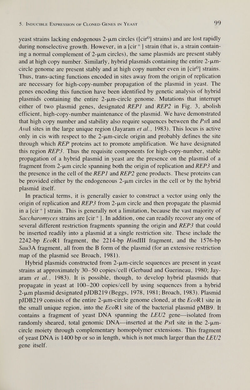 5. Inducible Expression of Cloned Genes in Yeast 99 yeast strains lacking endogenous 2-|xm circles (Icir°] strains) and are lost rapidly during nonselective growth. However, in a lcir+] strain (that is, a strain contain¬ ing a normal complement of 2-|xm circles), the same plasmids are present stably and at high copy number. Similarly, hybrid plasmids containing the entire 2-(лт- circle genome are present stably and at high copy number even in [cir®] strains. Thus, trans-acting functions encoded in sites away from the origin of replication are necessary for high-copy-number propagation of the plasmid in yeast. The genes encoding this function have been identified by genetic analysis of hybrid plasmids containing the entire 2-|xm-circle genome. Mutations that interrupt either of two plasmid genes, designated REPl and REP2 in Fig. 3, abolish efficient, high-copy-number maintenance of the plasmid. We have demonstrated that high copy number and stability also require sequences between the Pstl and Aval sites in the large unique region (Jayaram et al., 1983). This locus is active only in eis with respect to the 2-|jLm-circle origin and probably defines the site through which REP proteins act to promote amplification. We have designated this region REP3. Thus the requisite components for high-copy-number, stable propagation of a hybrid plasmid in yeast are the presence on the plasmid of a fragment from 2-fxm circle spanning both the origin of replication and REP3 and the presence in the cell of the REPl and REP2 gene products. These proteins can be provided either by the endogeneous 2-[xm circles in the cell or by the hybrid plasmid itself. In practical terms, it is generally easier to construct a vector using only the origin of replication and REP3 from 2-|хт circle and then propagate the plasmid in a [cir*] strain. This is generally not a limitation, because the vast majority of Saccharomyces strains are [cir + ]. In addition, one can readily recover any one of several different restriction fragments spanning the origin and REP3 that could be inserted readily into a plasmid at a single restriction site. These include the 2242-bp EcoKl fragment, the 2214-bp ЯшdIII fragment, and the 1576-bp Sau3A fragment, all from the В form of the plasmid (for an extensive restriction map of the plasmid see Broach, 1981). Hybrid plasmids constructed from 2-|jLm-circle sequences are present in yeast strains at approximately 30-50 copies/cell (Gerbaud and Guerineau, 1980; Jay¬ aram et al, 1983). It is possible, though, to develop hybrid plasmids that propagate in yeast at 100-200 copies/cell by using sequences from a hybrid 2-|jim plasmid designated pJDB219 (Beggs, 1978, 1981; Broach, 1983). Plasmid pJDB219 consists of the entire 2-|xm-circle genome cloned, at the fcoRl site in the small unique region, into the EcoRX site of the bacterial plasmid pMB9. It contains a fragment of yeast DNA spanning the LEU2 gene—isolated from randomly sheared, total genomic DNA—inserted at the Pst\ site in the 2-|хт- circle moiety through complementary homopolymer extensions. This fragment of yeast DNA is 1400 bp or so in length, which is not much larger than the LEU2 gene itself.