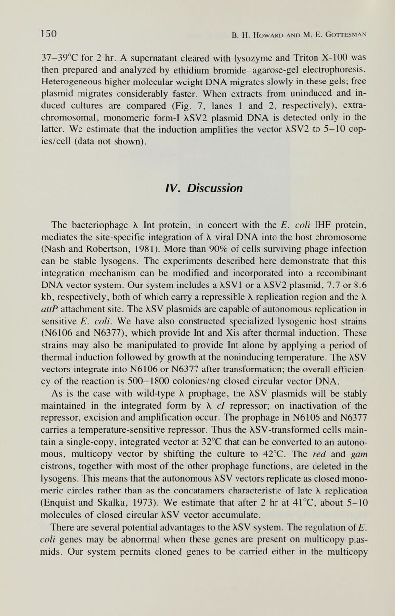 150 в. H. Howard and M. E. Gottesman 37-39°C for 2 hr. A supernatant cleared with lysozyme and Triton X-100 was then prepared and analyzed by ethidium bromide-agarose-gel electrophoresis. Heterogeneous higher molecular weight DNA migrates slowly in these gels; free plasmid migrates considerably faster. When extracts from uninduced and in¬ duced cultures are compared (Fig. 7, lanes 1 and 2, respectively), extra- chromosomal, monomeric form-I XSV2 plasmid DNA is detected only in the latter. We estimate that the induction amplifies the vector XSV2 to 5-10 cop¬ ies/cell (data not shown). IV. Discussion The bacteriophage X Int protein, in concert with the E. coli IHF protein, mediates the site-specific integration of X viral DNA into the host chromosome (Nash and Robertson, 1981). More than 90% of cells surviving phage infection can be stable lysogens. The experiments described here demonstrate that this integration mechanism can be modified and incoфorated into a recombinant DNA vector system. Our system includes a XSVl or a XSV2 plasmid, 7.7 or 8.6 kb, respectively, both of which carry a repressible X replication region and the X attP attachment site. The XSV plasmids are capable of autonomous replication in sensitive E. coli. We have also constructed specialized lysogenic host strains (N6106 and N6377), which provide Int and Xis after thermal induction. These strains may also be manipulated to provide Int alone by applying a period of thermal induction followed by growth at the noninducing temperature. The XSV vectors integrate into N6106 or N6377 after transformation; the overall efficien¬ cy of the reaction is 500-1800 colonies/ng closed circular vector DNA. As is the case with wild-type X prophage, the XSV plasmids will be stably maintained in the integrated form by X cl repressor; on inactivation of the repressor, excision and amplification occur. The prophage in N6106 and N6377 carries a temperature-sensitive repressor. Thus the XSV-transformed cells main¬ tain a single-copy, integrated vector at 32°C that can be converted to an autono¬ mous, multicopy vector by shifting the culture to 42°C. The red and gam cistrons, together with most of the other prophage functions, are deleted in the lysogens. This means that the autonomous XSV vectors replicate as closed mono¬ meric circles rather than as the concatamers characteristic of late X replication (Enquist and Skalka, 1973). We estimate that after 2 hr at 41°C, about 5-10 molecules of closed circular XSV vector accumulate. There are several potential advantages to the XSV system. The regulation of E. coli genes may be abnormal when these genes are present on multicopy plas¬ mids. Our system permits cloned genes to be carried either in the multicopy